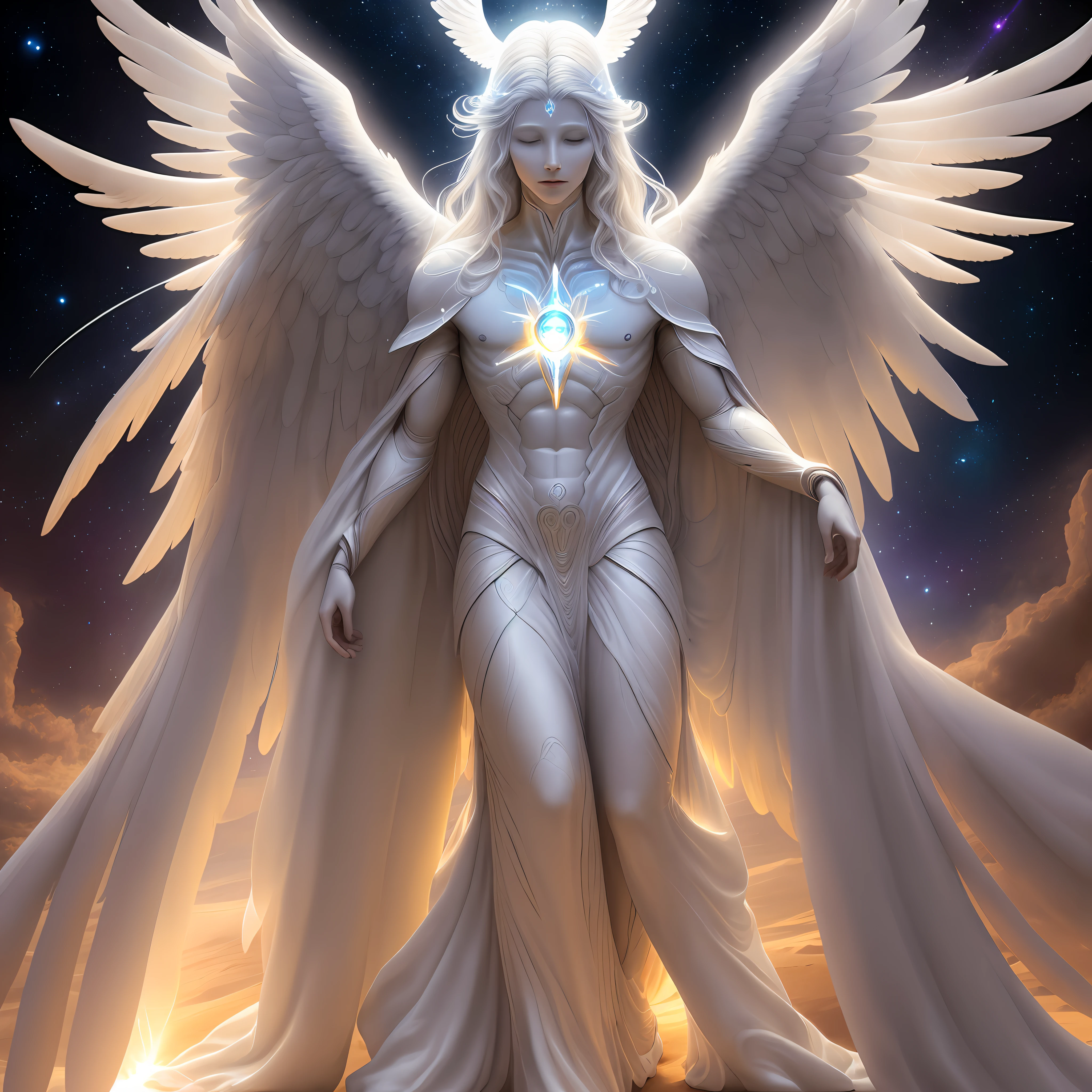 Alien appearance humans, angelic, selestial, full body, beautiful, spiritual being, benevolent, with an aura on the head, sorindo, with radiant energy, archangel miguel style, galactic confederation, high quality, ultra-realistic, professional photography, human,