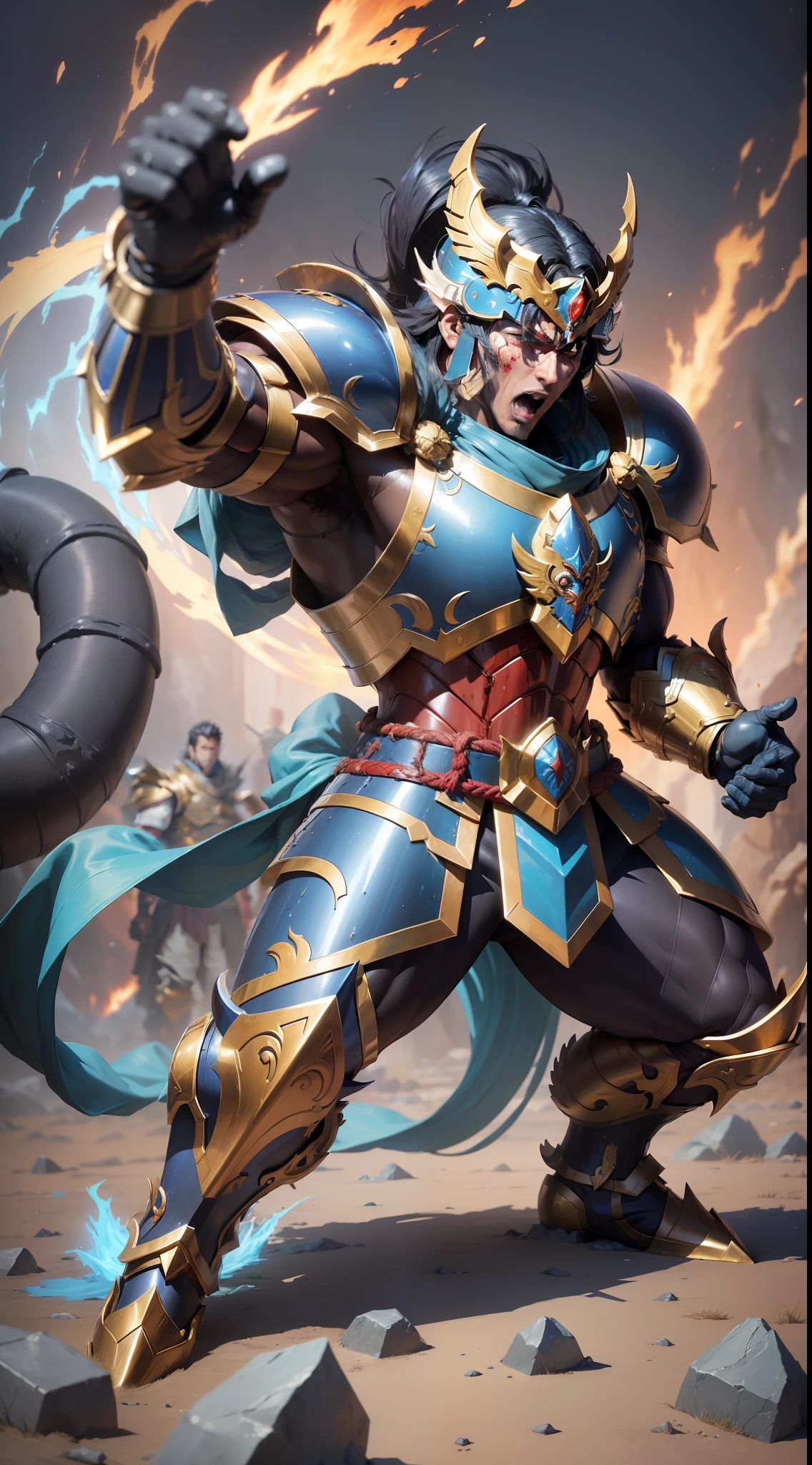 (masterpiece), best quality, an ultra-detailed (wearing shiryu armor of dragon anime Saint Seiya) and high-resolution full-body portrait of a giant, muscular shiryu of dragon anime Saint Seiya, characterized by his immense strength, kneeling, screaming and bloodied, (((( in the background several bodies resulting from a bloody battle))).