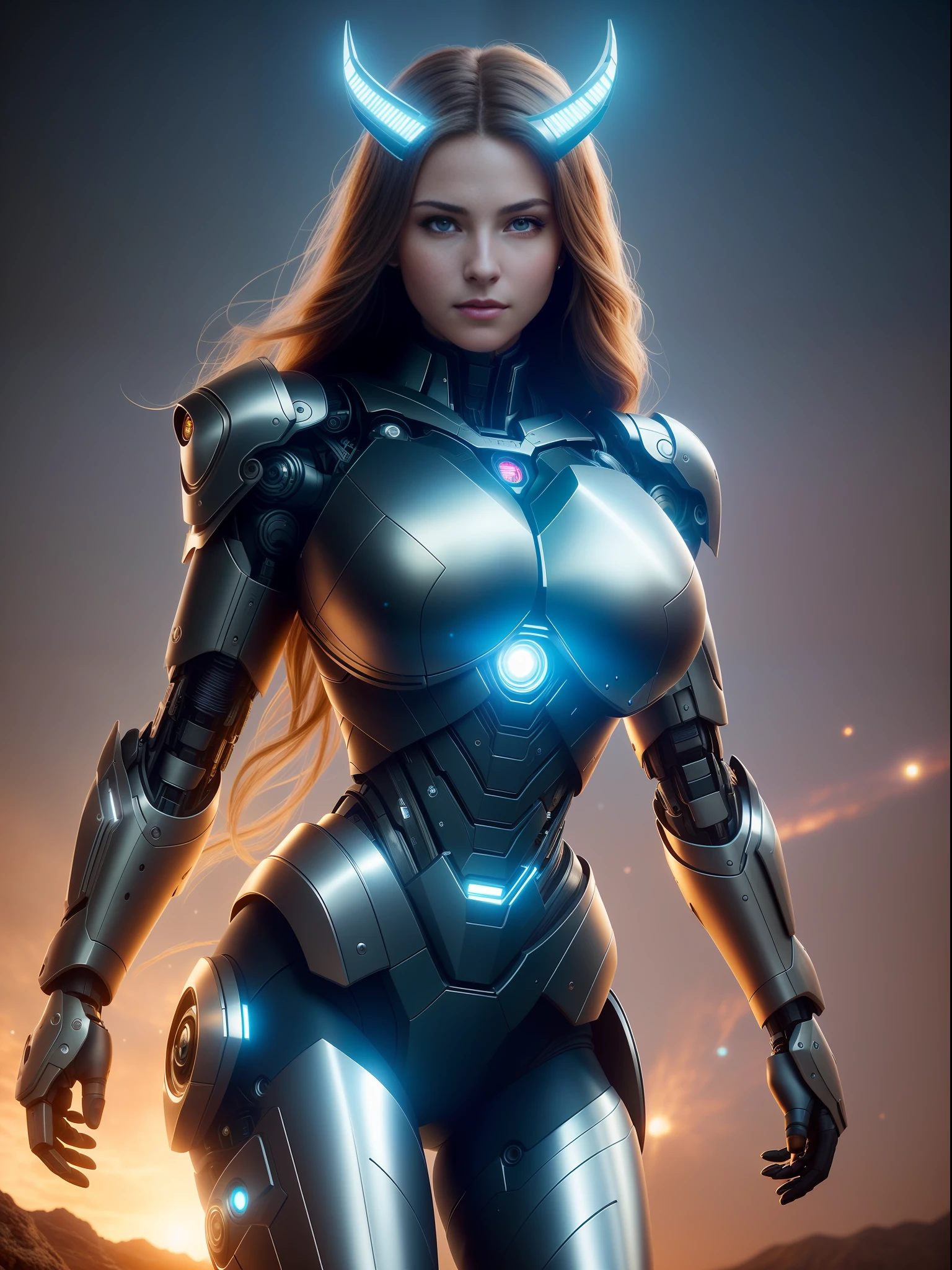 Masterpiece, Best Quality, (Unified Extremely Detailed 8k CG Wallpaper), (Best Quality), (Best Illustration), (Best Shadow), (Powerful Cyborg Girl) with horns, cyborg body, cybernetics, hinges, titanium alloy and plastic, sexy, cute face exudes confidence and courage, huge breasts, wide hips, slim waist, isometric 3D, octane rendering, ultra-detailed, intricate, finely detailed, real photo, 3D realism, fantasy, future, epic,  cowboy shooting, a beautiful woman's face, a miracle, a heroic pose, cybernetic armor glitters and shines with a multitude of lights, somewhere in a distant galaxy, on an unknown planet,