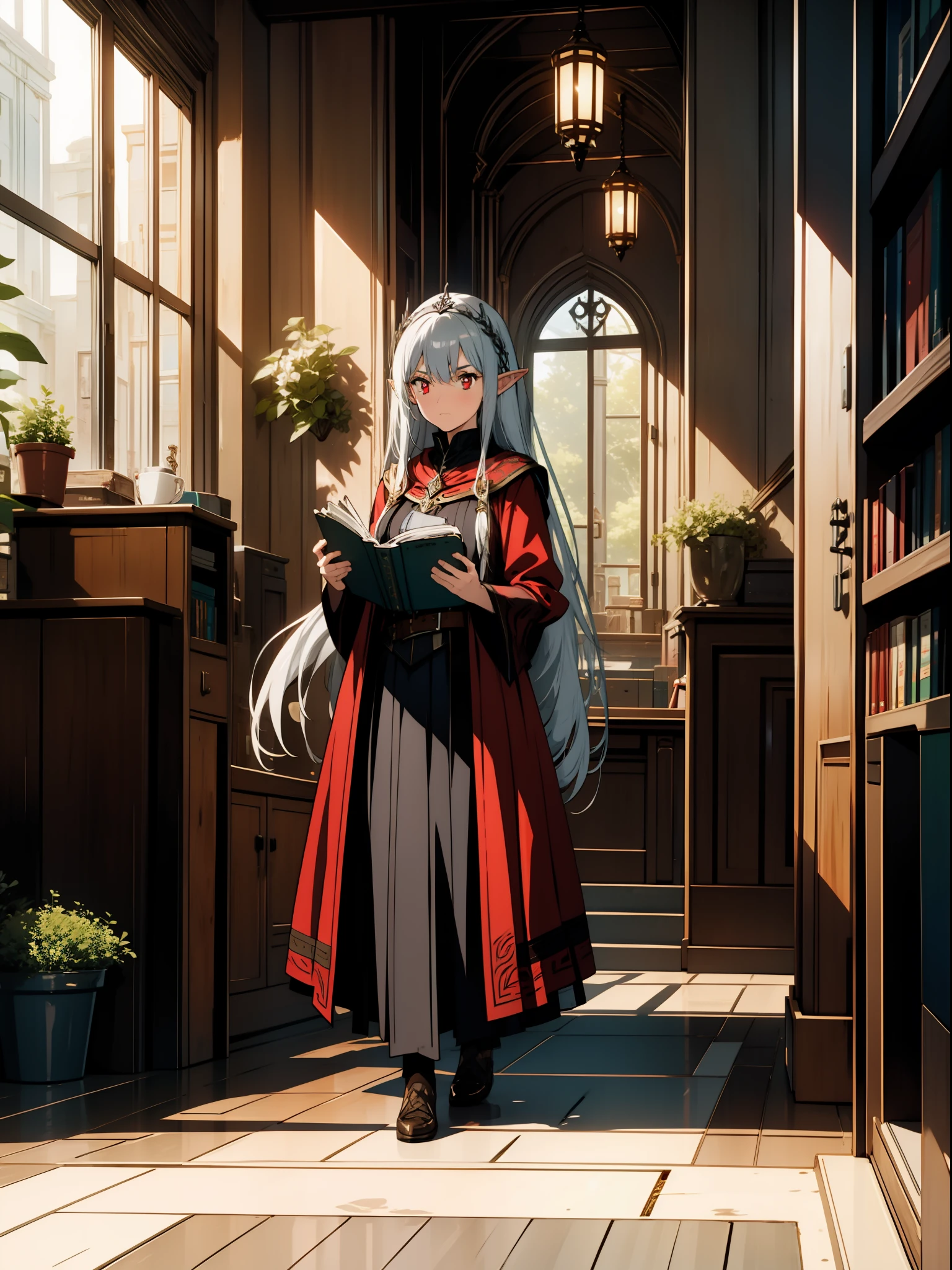One girl, elf, silver hair, red eyes, fantasy style costume, library, reading a book, concept art, official art