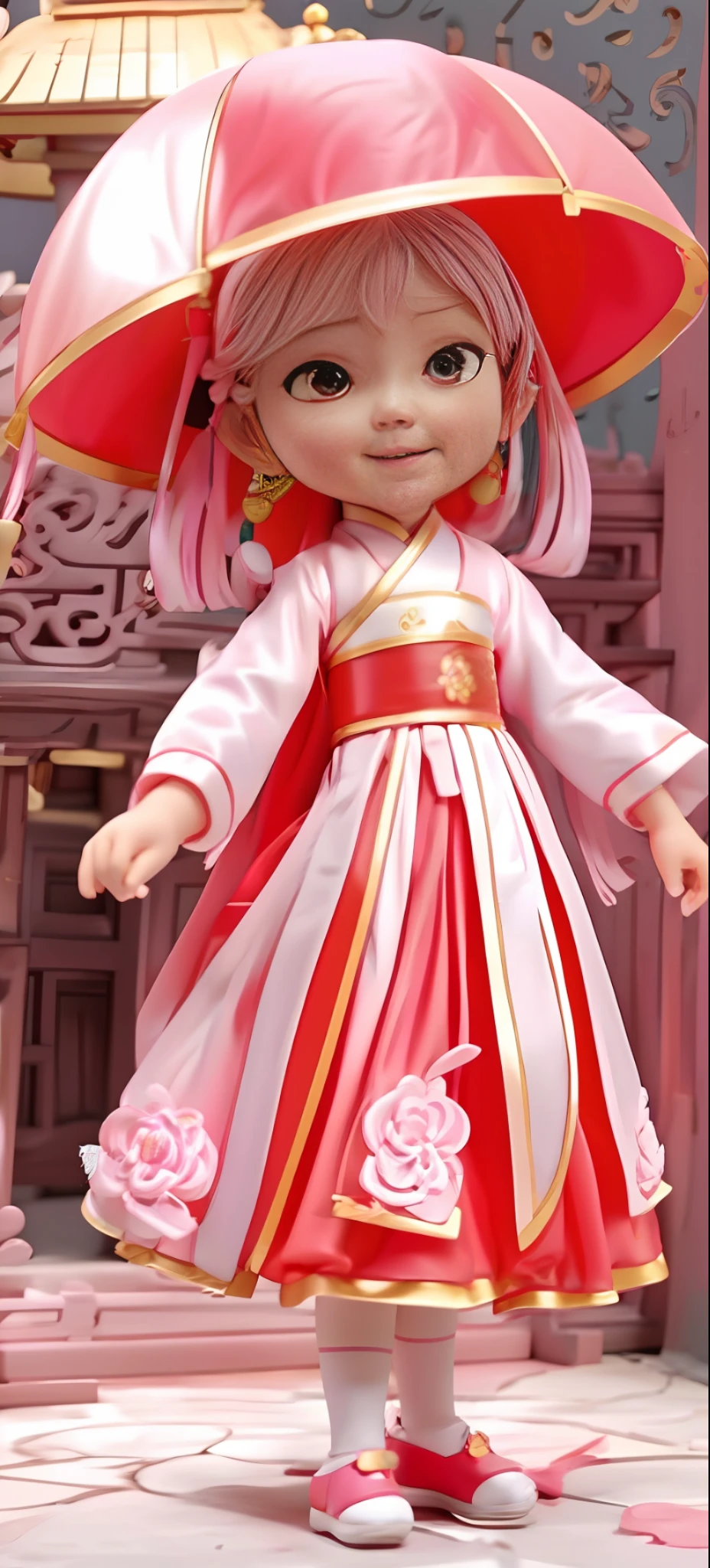 There is a little girl in pink dress holding a red umbrella, palace, a girl in Hanfu, Chinese girl, Chinese costume, Yan Juncheng, traditional costume, portrait of magical Lolita girl, young asian girl, beautiful pink little girl, loli, Chinese princess, Chinese traditional costume