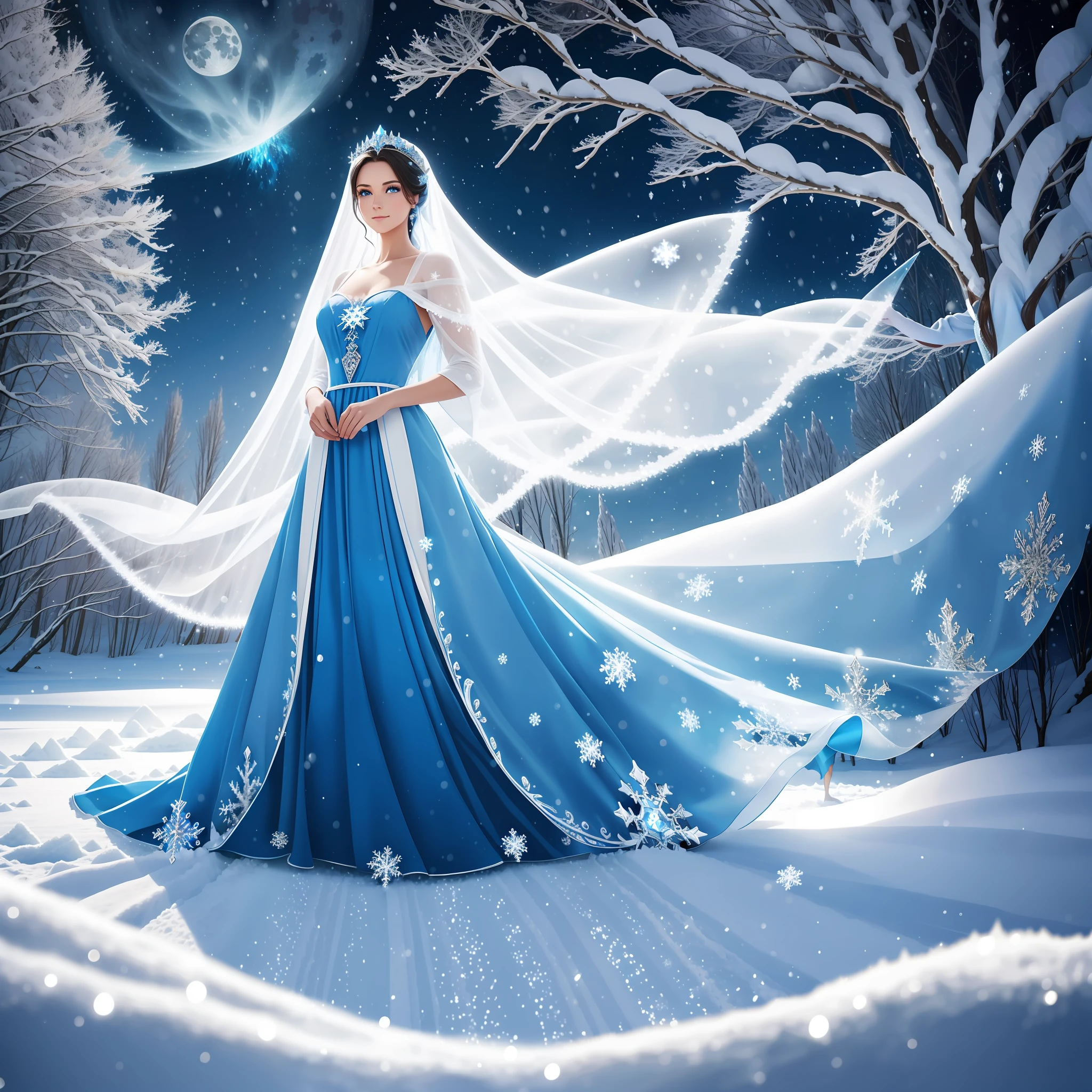 (High Quality, Fantasy, Woman in Blue Dress, White Robe):1.2, Sparkling Eyes, (Magic, Ice, Snow, Frost):(1.3), Mysterious Aura, Night, Moon, Swaying Trees, Blizzard, Gusts of Wind, Ice Blizzards