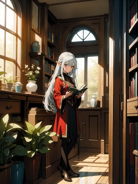 one girl, elf, silver hair, red eyes, fantasy style costume, library, reading a book, concept art, official art