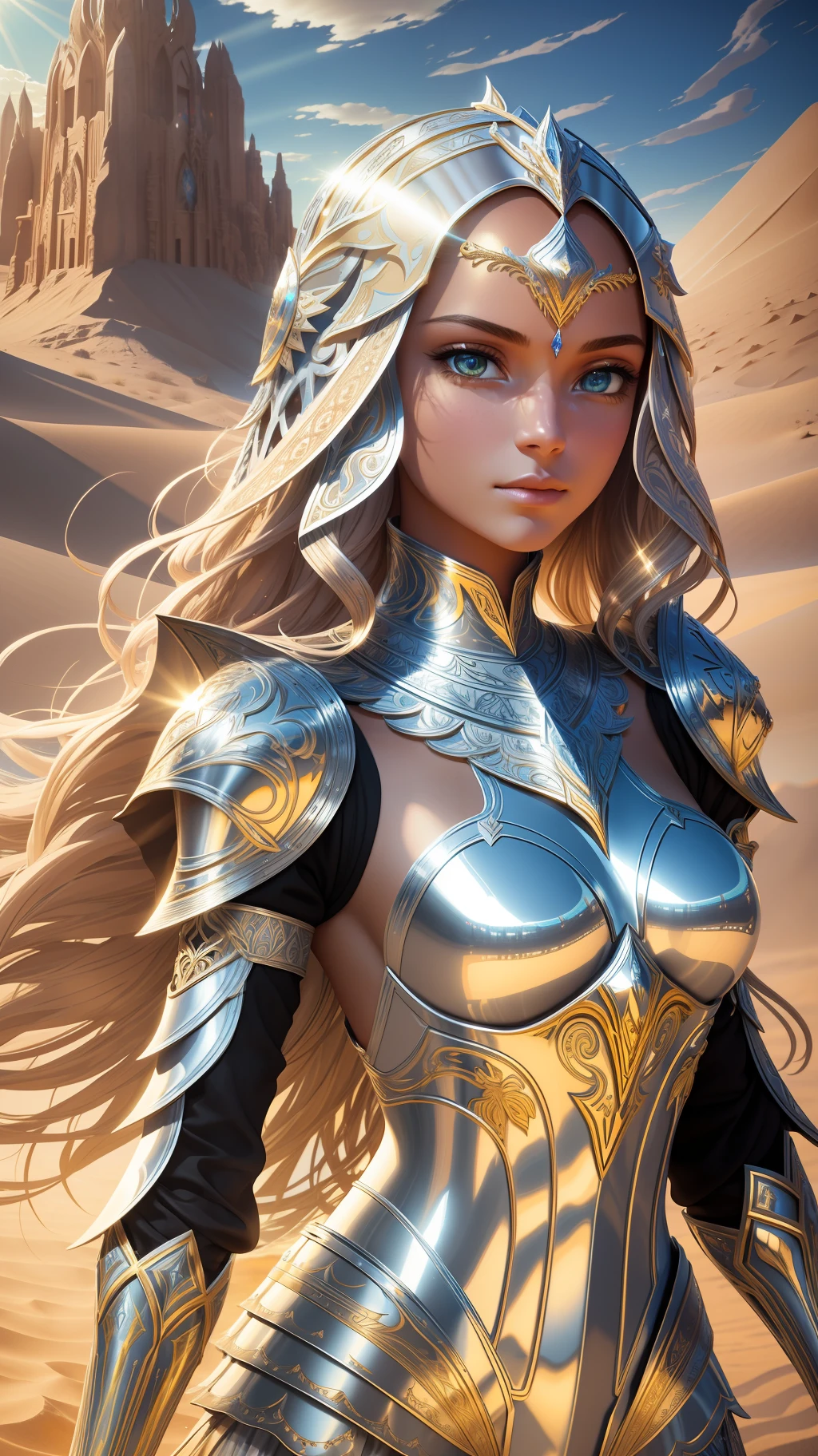 award winning concept art of tall (1girl:1.2) in silver shiny ornate armor in desert, epic, god rays, centered, (masterpiece:1.2), (best quality:1.2), Amazing, highly detailed, beautiful, finely detail, warm soft color grading, Depth of field, extremely detailed 8k, fine art, stunning, iridescent, shiny, light reflections, (crisp:1.5), curls, wind, sandstorm, vibrant, sunlit, edge detection