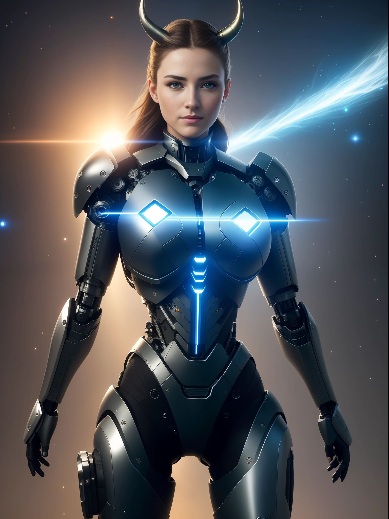 Masterpiece, Best Quality, (Unified Extremely Detailed 8k CG Wallpaper), (Best Quality), (Best Illustration), (Best Shadow), (Powerful Cyborg Girl) with horns, cyborg body, cybernetics, hinges, titanium alloy and plastic, sexy, cute face exudes confidence and courage, huge breasts, wide hips, slim waist, isometric 3D, octane rendering, ultra-detailed, intricate, finely detailed, real photo, 3D realism, fantasy, future, epic, cowboy shooting, a beautiful woman's face, a miracle, a heroic pose, cybernetic armor glitters and shines with a multitude of lights, somewhere in a distant galaxy, on an unknown planet,