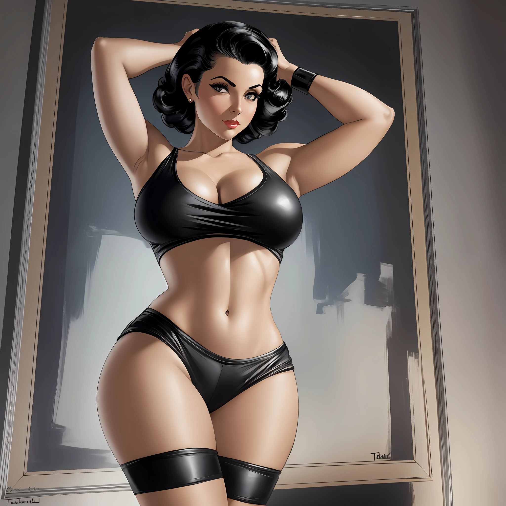 Outline woman in a black top and black shorts posing, pinup art, sensual digital painting, cutesexyrobutts, by Tina Blondell, inspired by Art Frahm, girl pinup, pinup, body pinup, inspired by Greg Hildebrandt, pinup girl outline, inspired by Alberto Vargas, pinup model, sexy painting, by Bill Ward --auto --s2