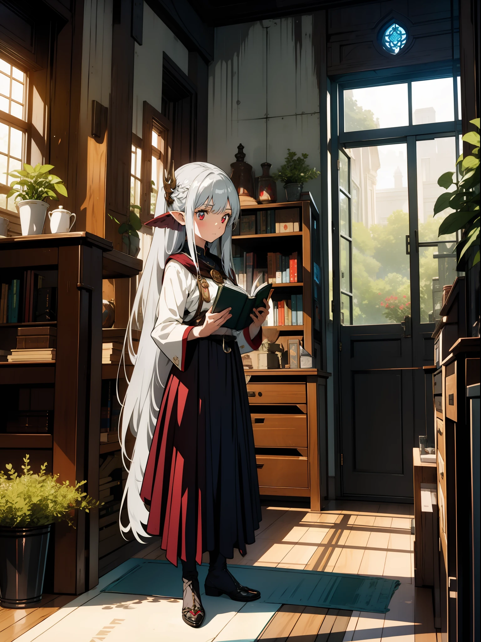 One girl, elf, silver hair, red eyes, fantasy style costume, library, reading a book, concept art, official art