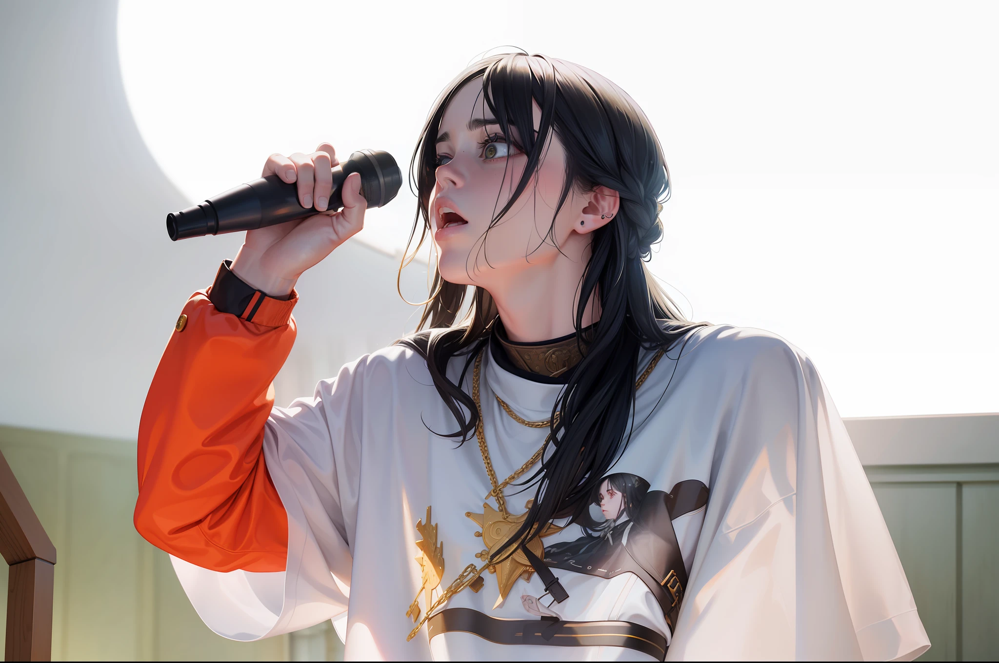 (An amazing portrait, amazing quality, realistic image), Billie Eilish, surrounded by a golden, sacred light singing with emotion in a warm Protestant church on a bright day. --auto --s2