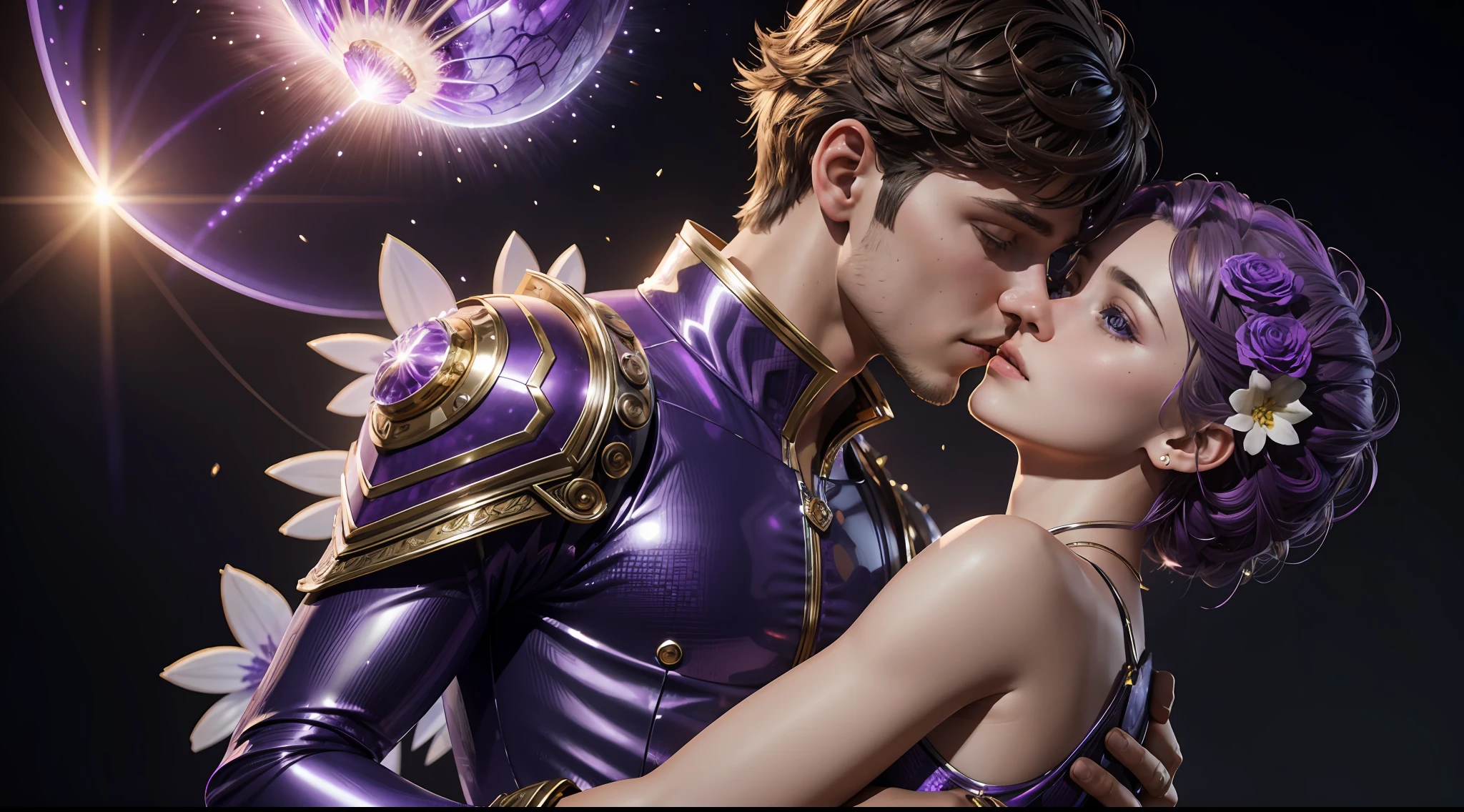 Incredible and spectacular scenes, ((high quality)), ((detailed)), ((fantasy)), "purple plasma brain, purple plasma body, realistic, best quality, 4K, flowers trapped in blisters at the top realistic, (handsome teenager and beautiful girl hugging and kissing), full body portrait", image quality (3D rendering effect) , exquisite details,