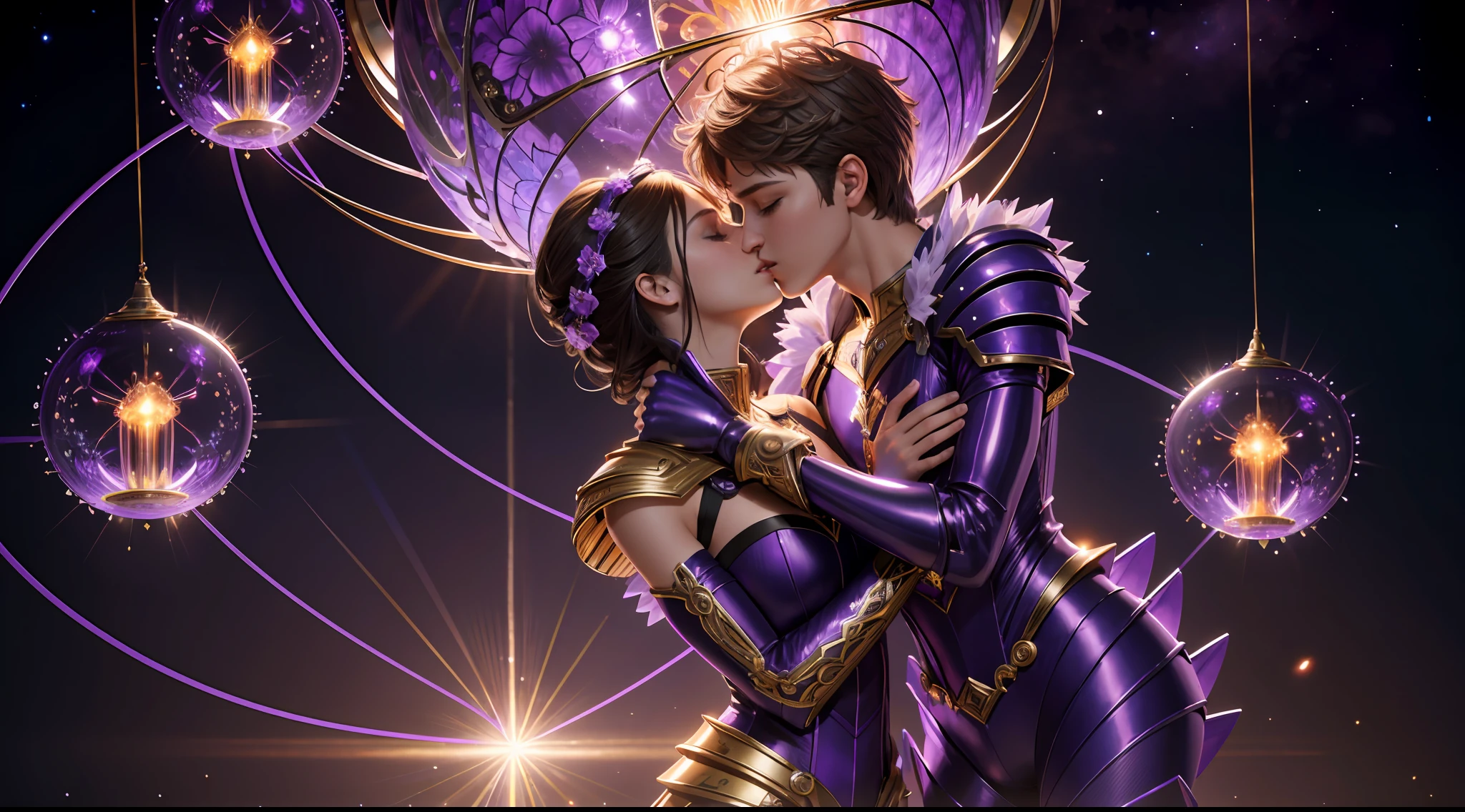 Incredible and spectacular scenes, ((high quality)), ((detailed)), ((fantasy)), "purple plasma brain, purple plasma body, realistic, best quality, 4K, flowers trapped in blisters at the top realistic, (handsome ager and beautiful girl hugging and kissing), full body portrait", image quality (3D rendering effect) , exquisite details,