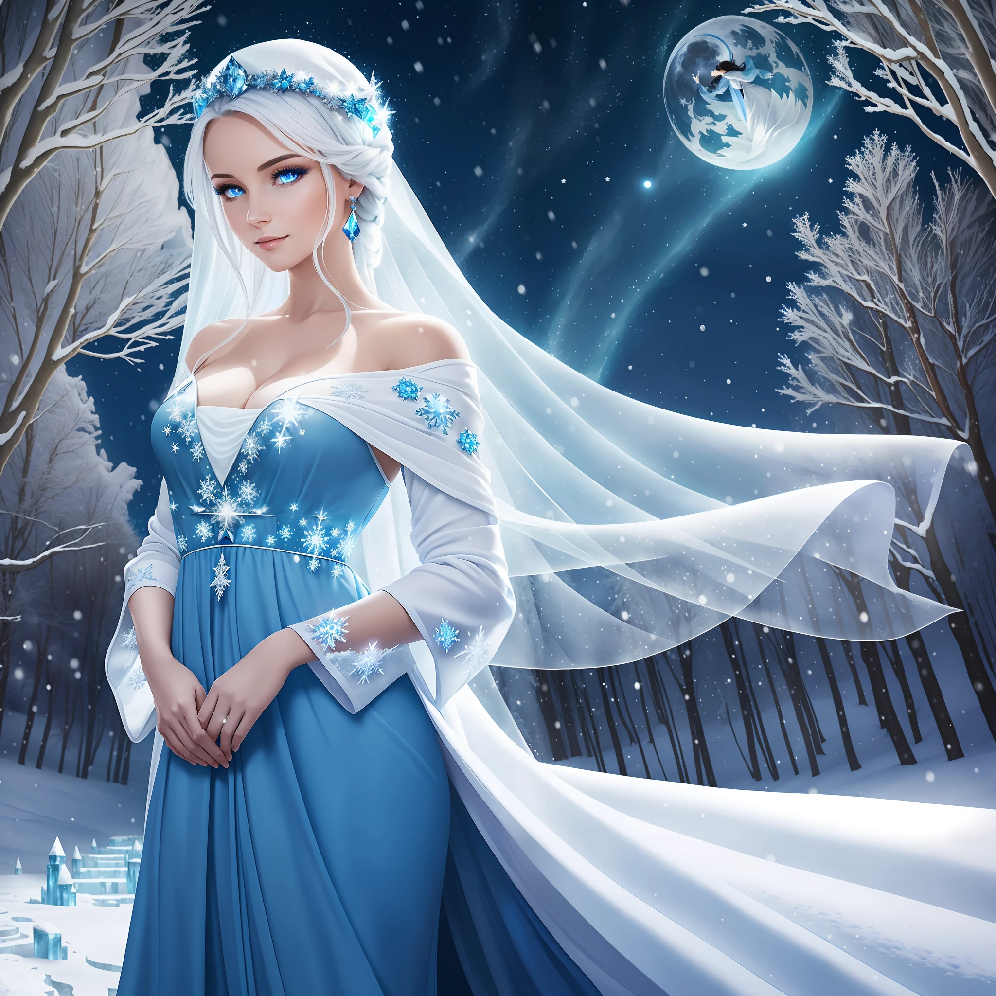 (High Quality, Fantasy, Woman in Blue Dress, White Robe):1.2, Sparkling Eyes, (Magic, Ice, Snow, Frost):(1.3), Mysterious Aura, Night, Moon, Swaying Trees, Blizzard, Gusts of Wind, Ice Blizzards, Cunning, Mercy