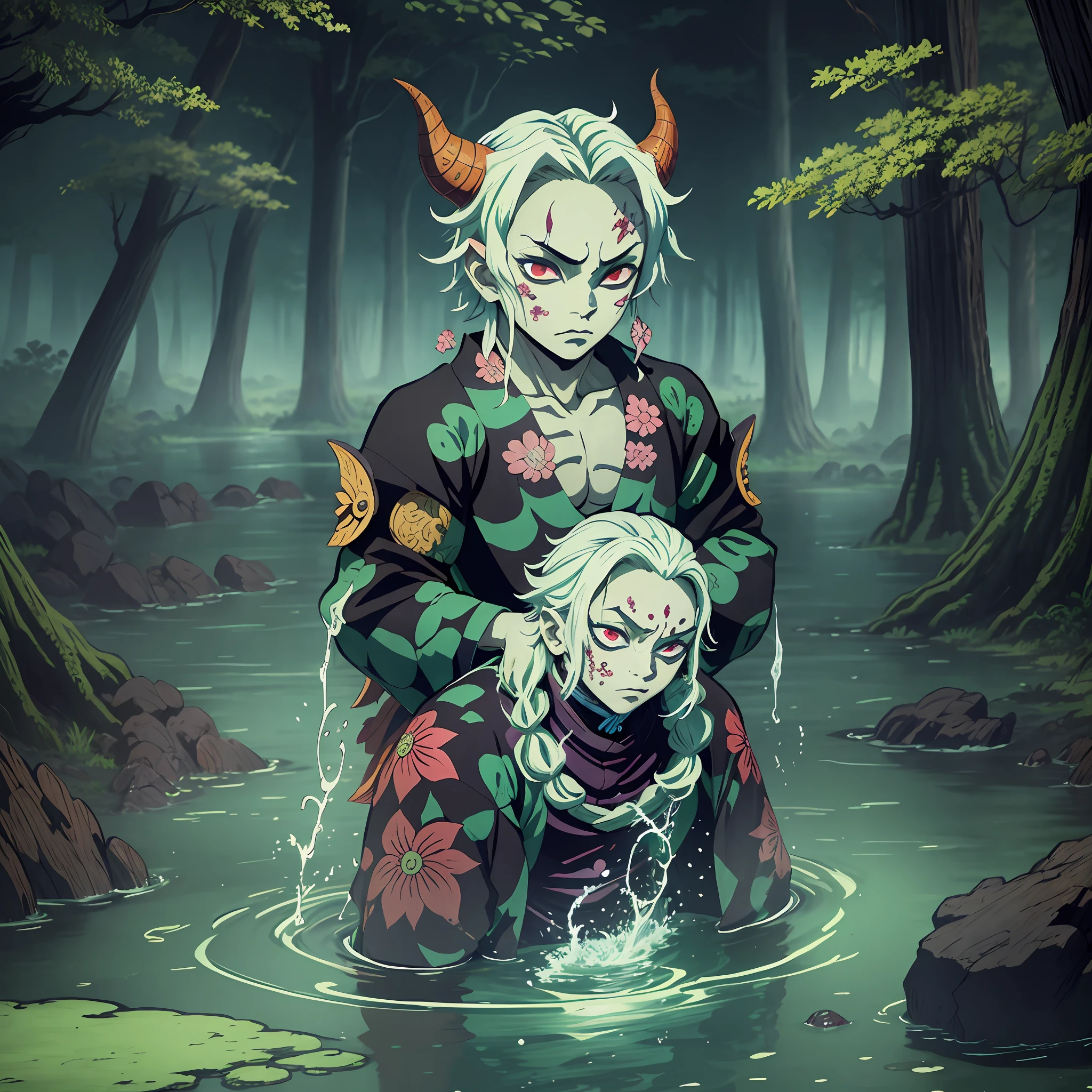 Kimetsu no Yaiba, Poisonous Oni, In Water, Swamp, Dark, anime coloring, ((masterpiece))