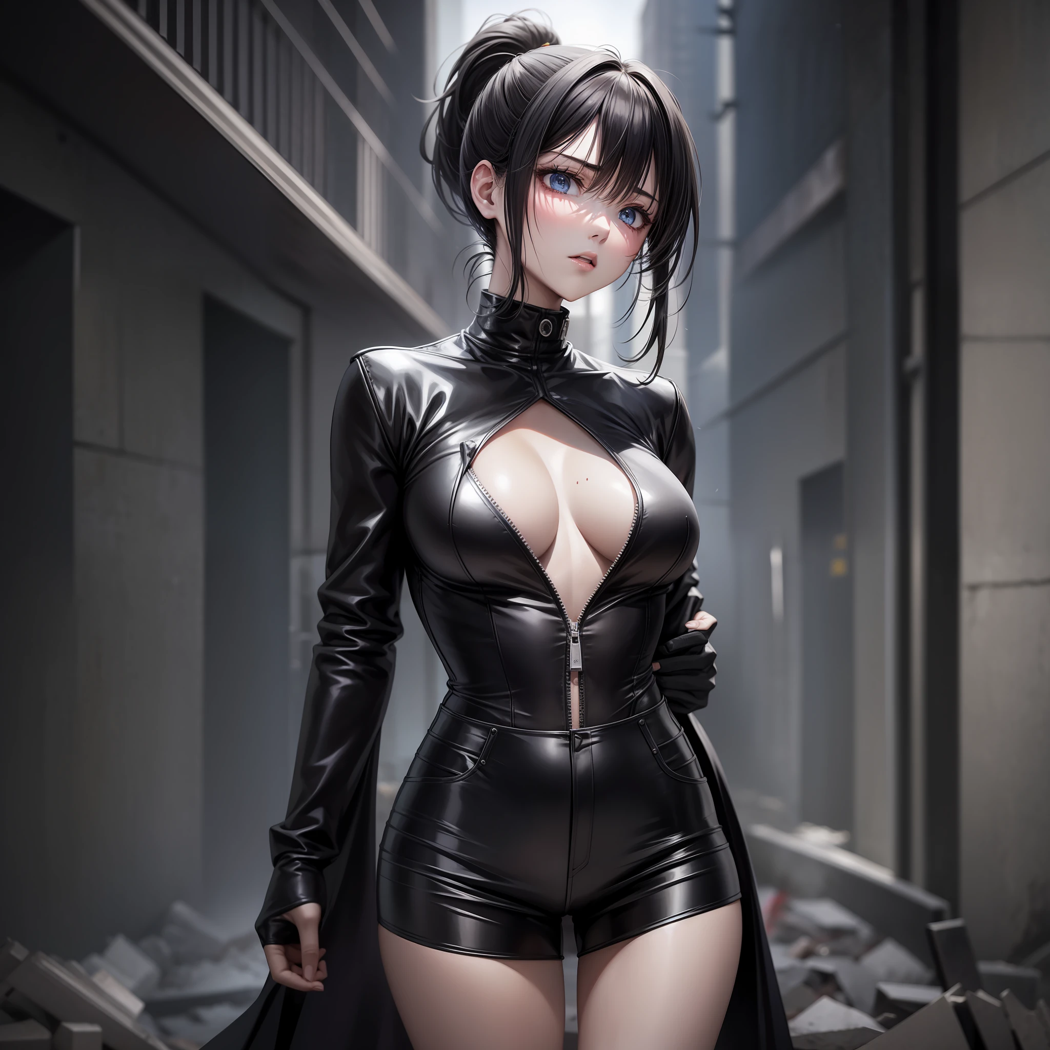 2.5D anime style, delicate, colorful, smooth lines, full of layers
Zombies, Doomsday, standing in ruined corridors, ruined cities, time nights, blood and human remains all around
Black single ponytail, deadly and attractive woman, strong, elite, with black mud on her face, plump seductive physique
Rich details, black coat top, black jeans garment, white undershirt