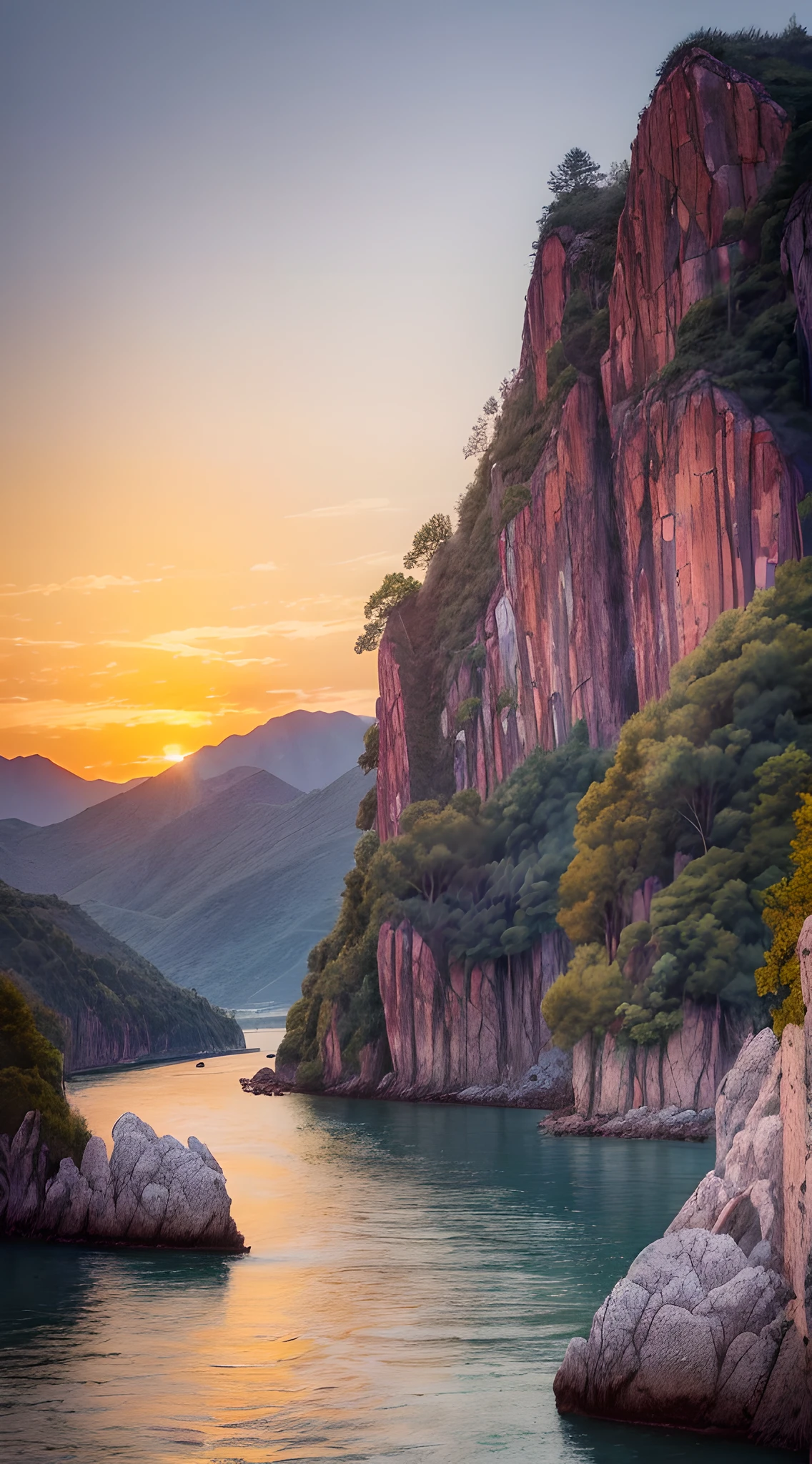 Painting of a sunset over a mountain with a river and a boat - SeaArt AI