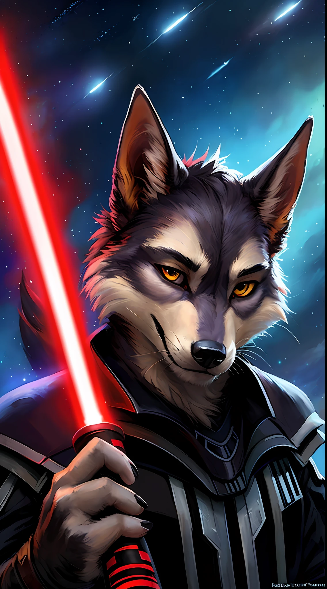 uploaded to e621, raw photo, realistic, anthro, detailed face, detailed fur, high resolution, beautiful and detailed portrait of Helluva Boss, Male Hellhound, kenket, Ross Tran,ruan jia, zaush, foxovh, cenematic lighting, whole body, beautiful, Darth Vader outfit, Star Wars, holding a red lightsaber, confident smiling face, solo, 1boy, dark space station
