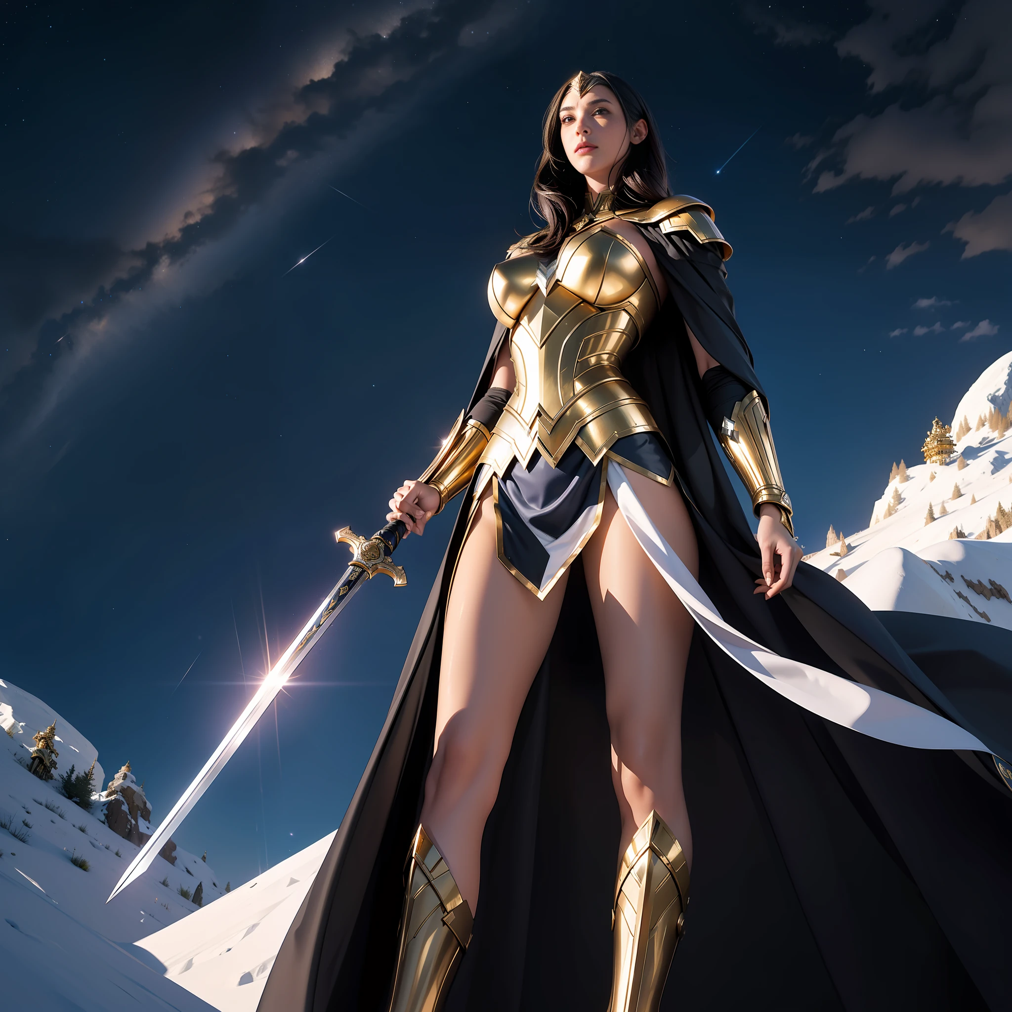 Best quality, high resolution, 1 girl, (girl), tall, handsome face, golden eyes, deep gaze, black hair, radiance, golden armor, paladin armor, holy sword, handheld sword, white robe, white cape, goddess Athena, wonder woman, goddess of war, starry sky, night sky, black shadow tone, mountains, atmospheric perspective, god rays, full body perspective, cinematic light effects, surrealism, from below, (high detail), high resolution