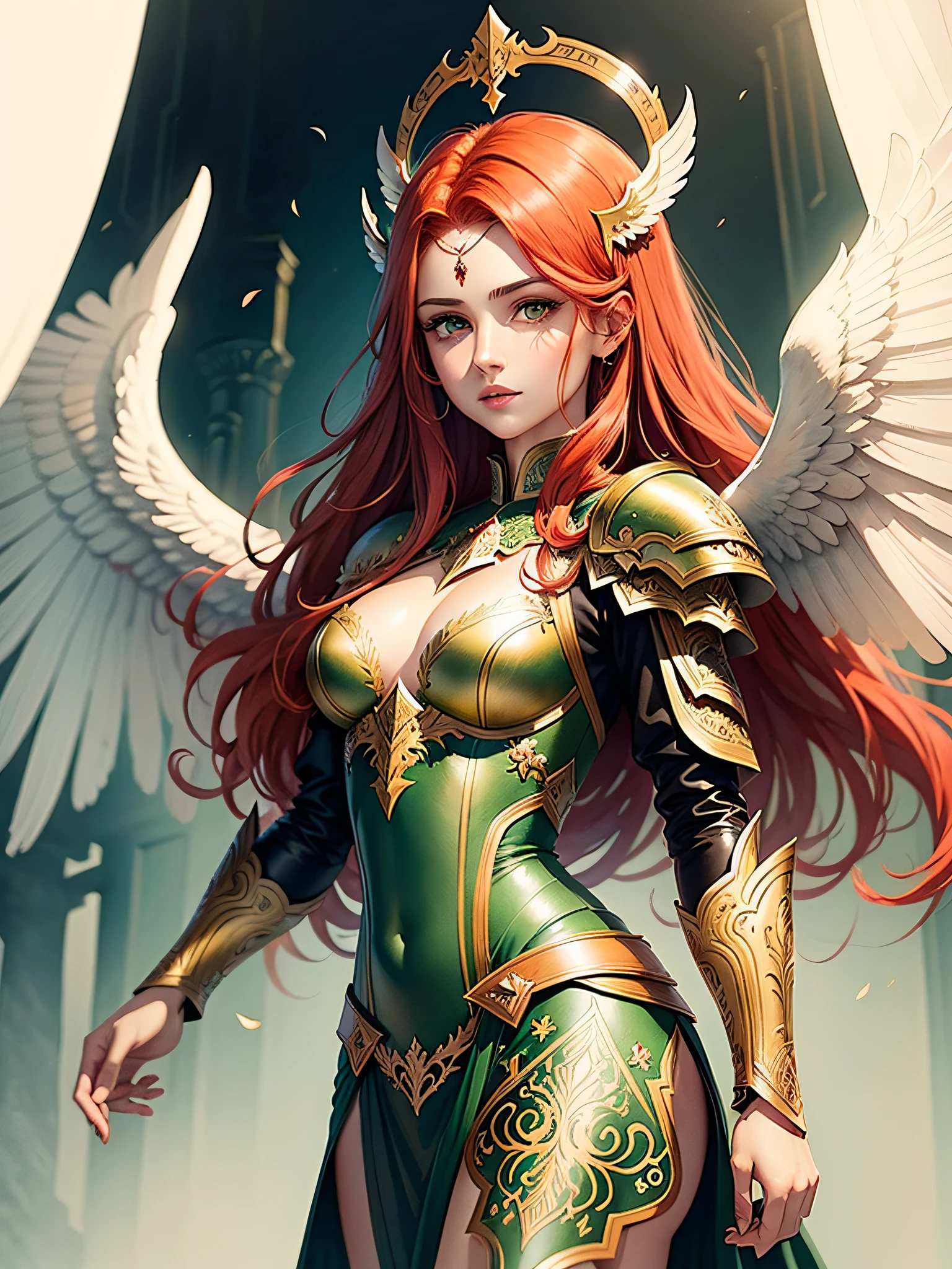 hand drawn sketch illustration of a beautiful angel with red hair, green eyes, symmetrical angelic wings, leather armor, halo, illustration, watercolor sketch, (best quality)), intricate detailed, pakistani