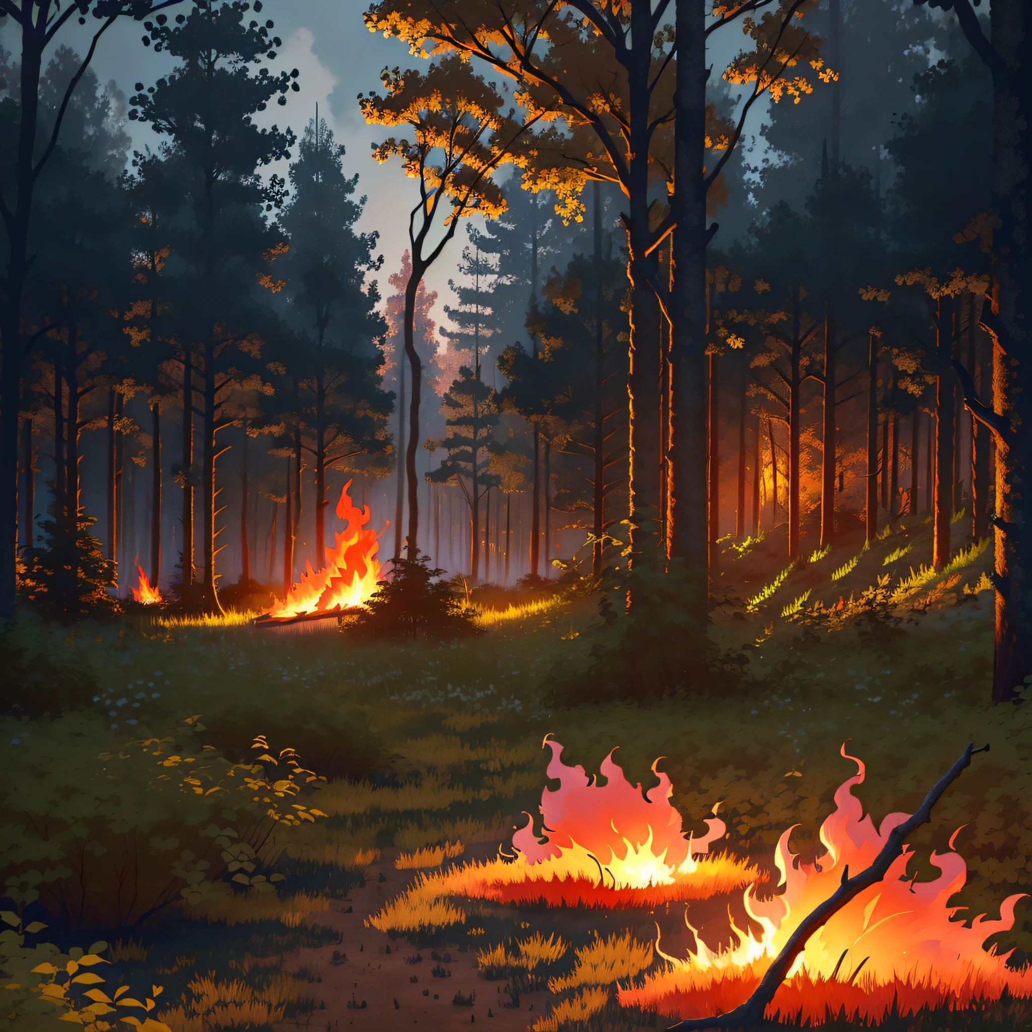 forest, with several trees broken on the ground, fire all over the forest