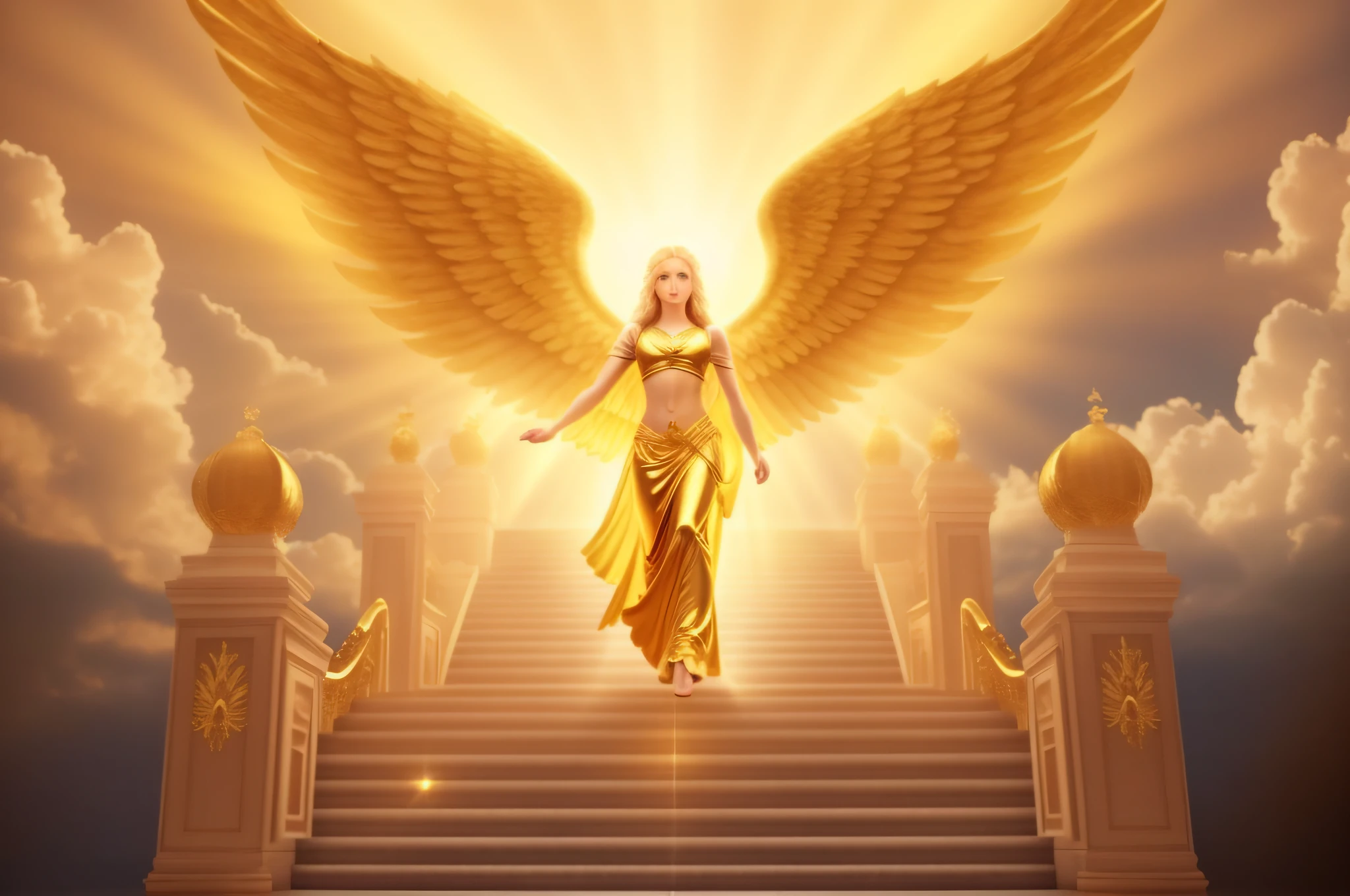 an angel is walking up a flight of stairs with a golden light, gold gates of heaven!!!!!!!!, gold wings, ethereal angelic being of light, golden wings, angel spirit guide, angelic, tall golden heavenly gates, golden goddess athena, angelic golden armor, glowing angelic being, with fiery golden wings, archangel, angel, angelic light, goddess of light