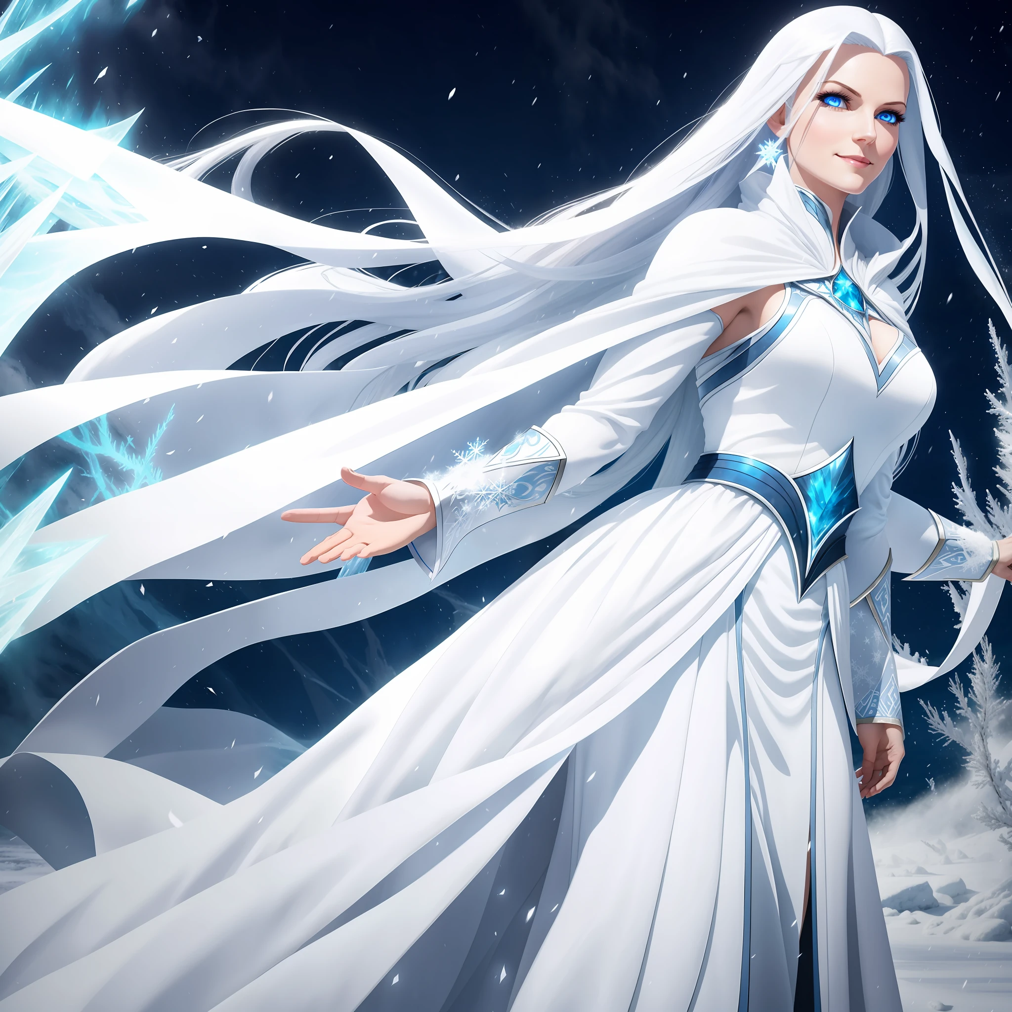 Mighty ice magic, white dress, white robe, long white hair, blue eyes, cunning smile, woman, Liliana Vess, ice, frost, cold, blizzard, blizzard, wind, gusts of wind