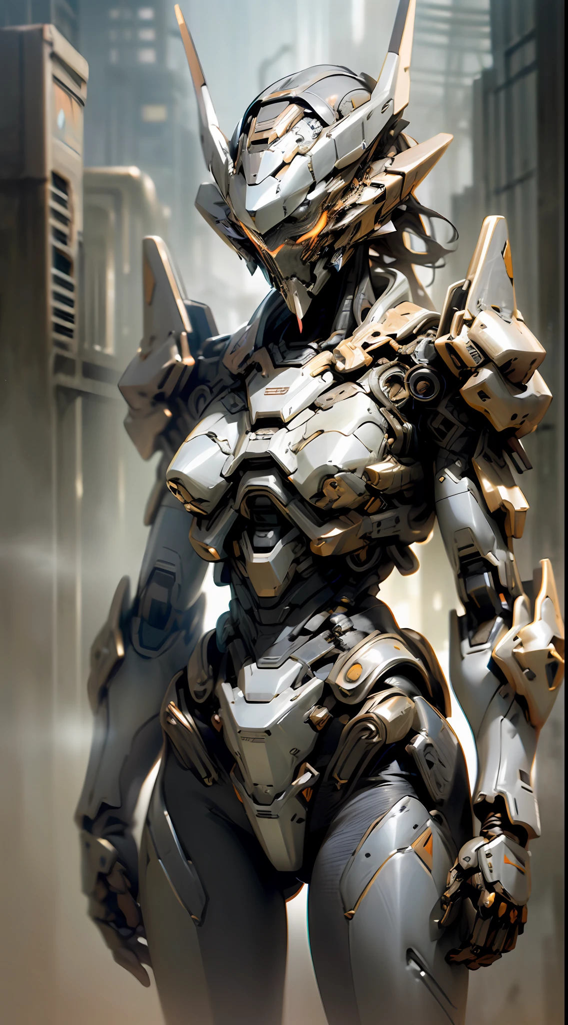(hyperrealistic:1.5) stunningly lifelike image of a fierce woman wearing a robotic exoskeleton, standing in front of a gargantuan mecha-dragon, detailed metallic surfaces, cool-toned lighting reflecting off armor, (gritty:1.3), interwoven parts, circuitry visible in some areas, smoke and dust rising from the ground, (dynamic camera angle:1.2), dystopian skyline in the distance, sense of impending action --auto --s2