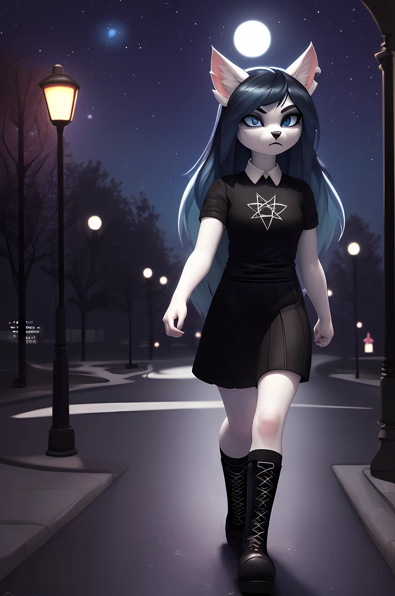 [Claire (the summoning)], [Uploaded to e621.net; (Pixelsketcher), (wamudraws)], ((masterpiece)), ((solo portrait)), ((full body)), ((furry; anthro)), ((detailed fur)), ((raytracing)), ((detailed shading)), ((beautiful 3D art)), {anthro; (white fur, black nose, pointed ears), pentagram on forehead, long blue hair, dark blue slit eyes, angry, (short sleeve black white-collared shirt, short sleeves, dark purple skirts), small boobs), (goth boots; dark blue laces), beautiful legs}, ((walking; attractive), [background; (park; (street lights, starry sky, full moon]