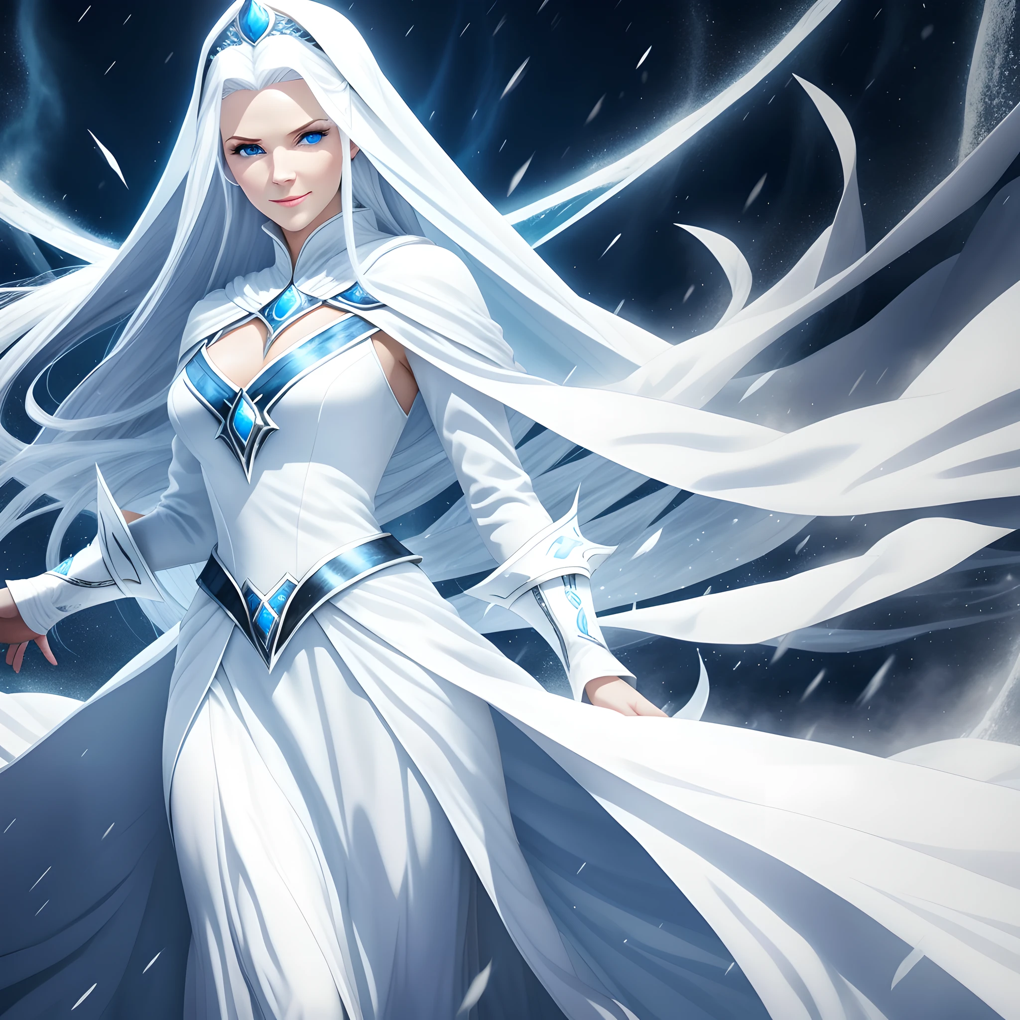 Mighty ice magic, white dress, white robe, long white hair, blue eyes, cunning smile, woman, Liliana Vess, ice, frost, cold, blizzard, blizzard, wind, gusts of wind
