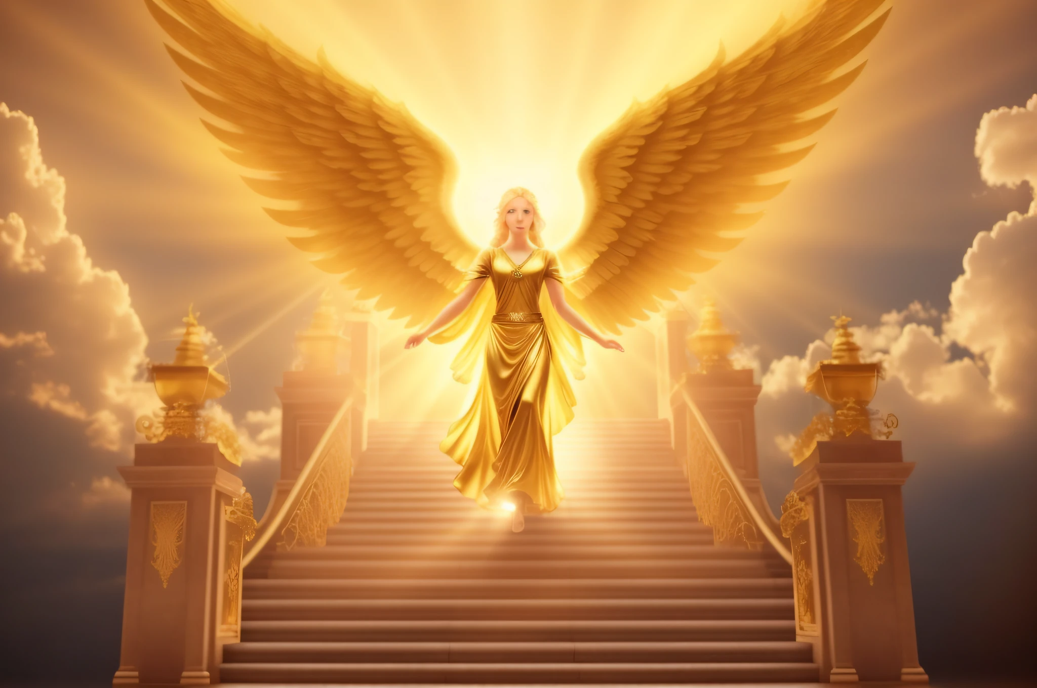 an angel is walking up a flight of stairs with a golden light, gold gates of heaven!!!!!!!!, gold wings, ethereal angelic being of light, golden wings, angel spirit guide, angelic, tall golden heavenly gates, golden goddess athena, angelic golden armor, glowing angelic being, with fiery golden wings, archangel, angel, angelic light, goddess of light