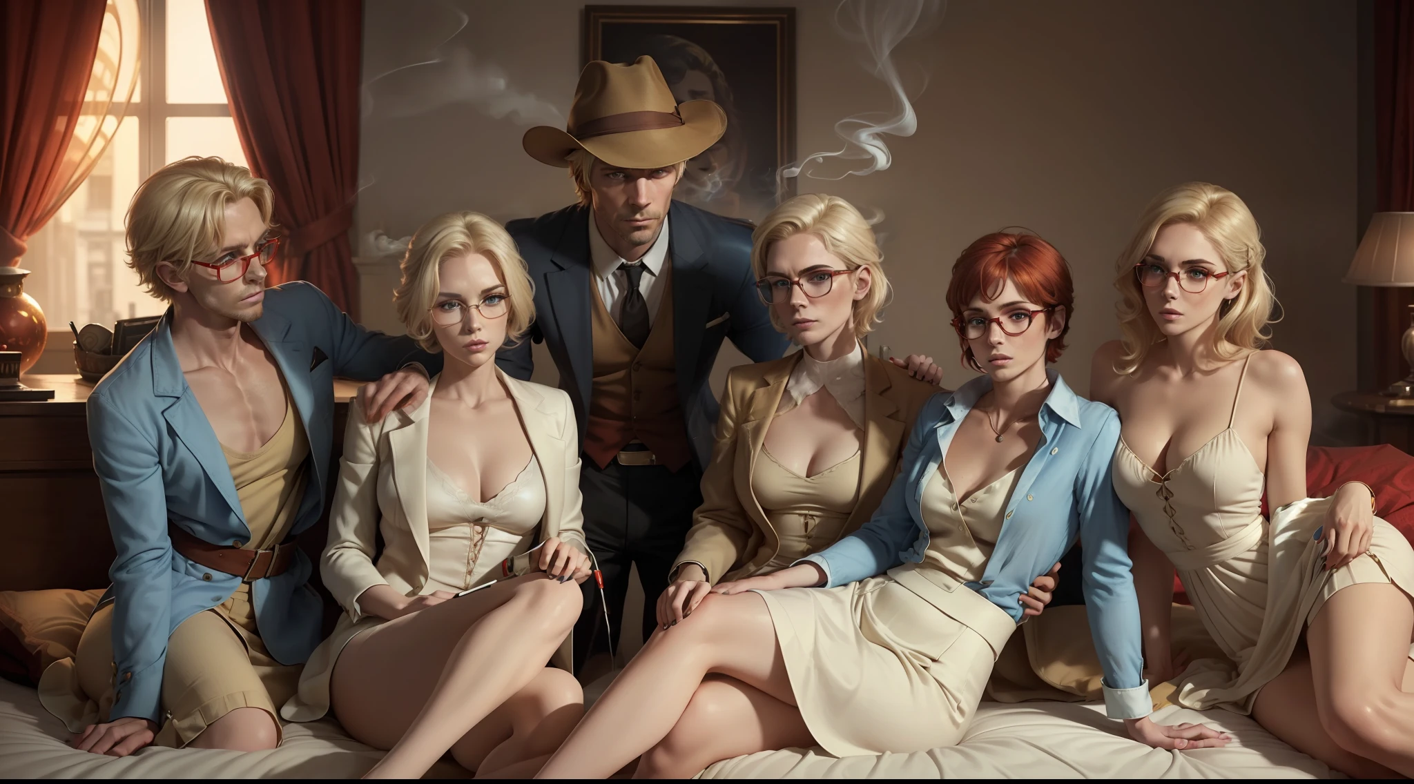 1man, ((((solo)))), ((blonde hair, hair over shoulder, furrowed brow, amber eyes, fedora, tall, pale white skin, round red lens glasses, beige suit, manly face, smoking cigarette)), (he is with four beautiful and sensual women by his side sitting on a luxurious bed, a red-haired woman, a black-skinned woman, a woman with blue Pixie hair,  a fringed brunette: 1.15). UHD