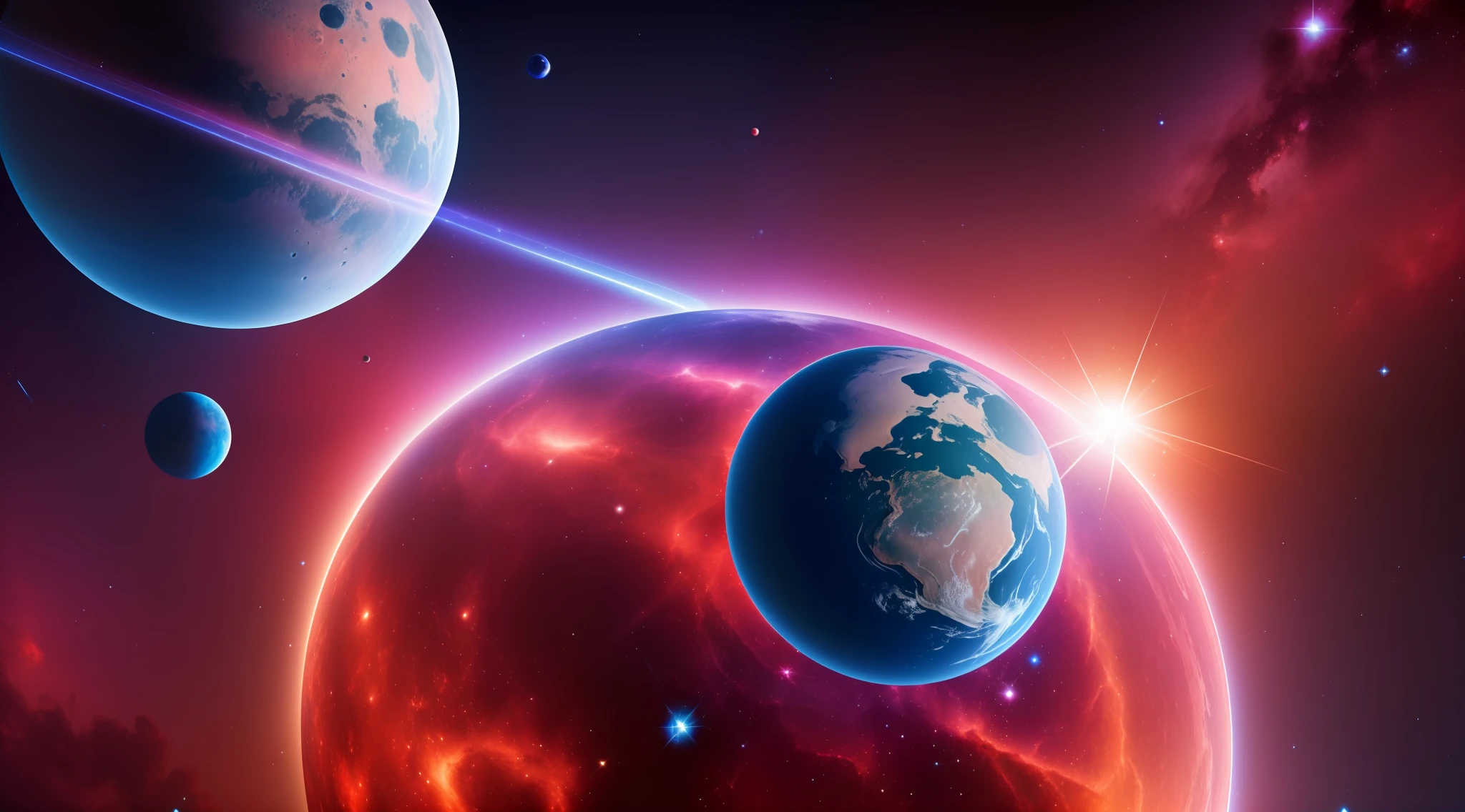 space, universe, dimly lit, giant blue planets hidden in the red nebula, asteroid belt, surrealism, high detail, cinematic lighting, close up, UHD, high detail --auto --s2