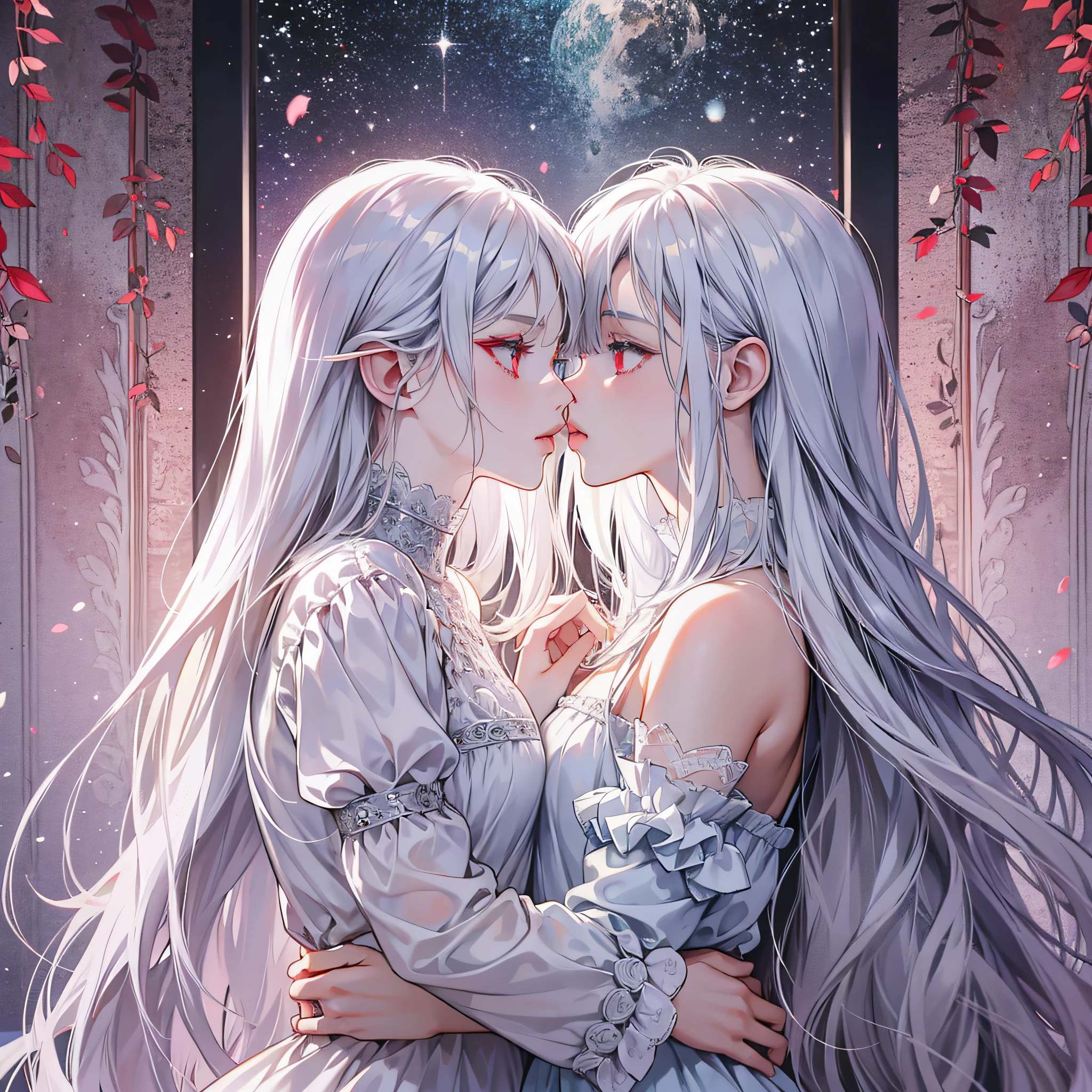Silver hair, red eyes, pure white clothes, good figure, fierce eyes, and two girls sticking together to kiss --auto --s2