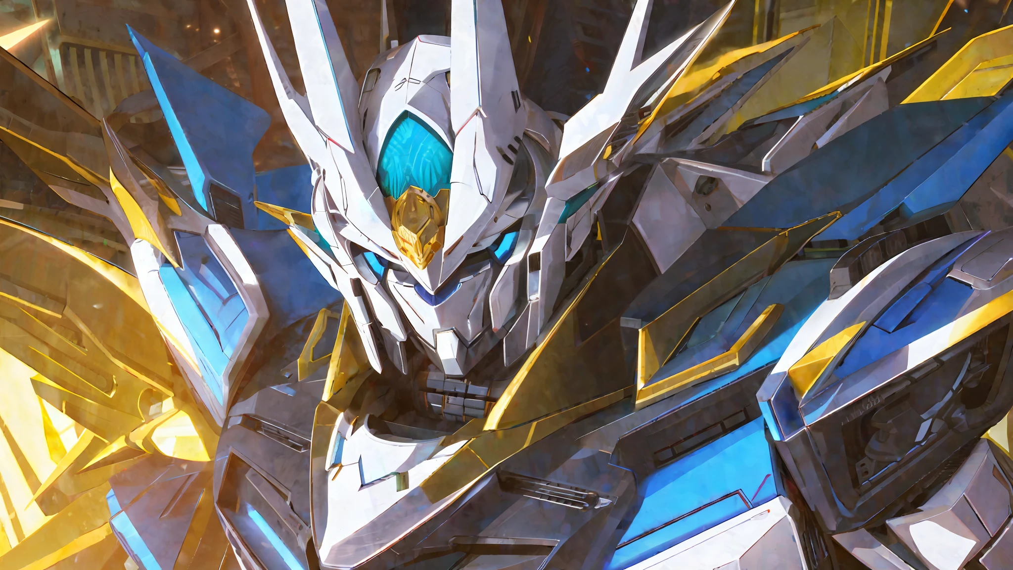 Original robot, top quality, high definition, super detail, masterpiece, 8K wallpaper, white theme, blue eyes, bad anatomy, absurdity, high resolution, ultra-fine illustration, absurdity, solo, game cg, lord, night, (black light: 1), (detailed beautiful face and eyes: 1.0), command spell, mecha girl, mask, mechanical parts, robot joint, full armor, (upper body: 1.3), shining eyes, mecha