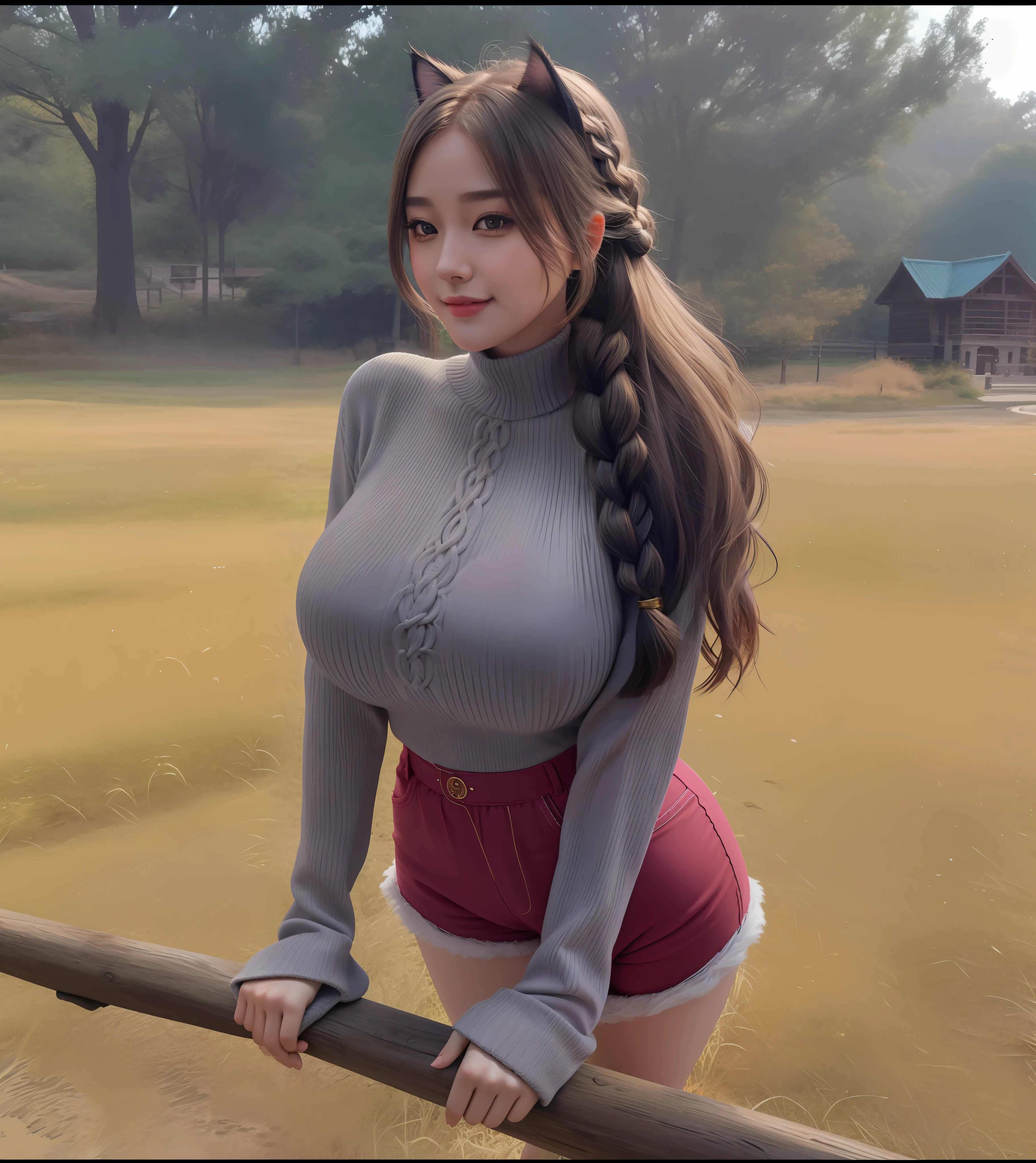 An Idol k-pop girl, cute girl, sexy girl, white braid hair, intricate face details, detailed face, golden ratio face, big breast, big butt, big hip, big thighs, full body, 64K, UHD, HDR, high quality, high detailed, hyper detailed, extremely detailed, photo realistic, ultra realistic, art photo, clarify the details, detailed parts body, intricate artwork masterpiece, trending on artstation, smile, wearing sweater and shorts, cat ears, tight clothing, field background
