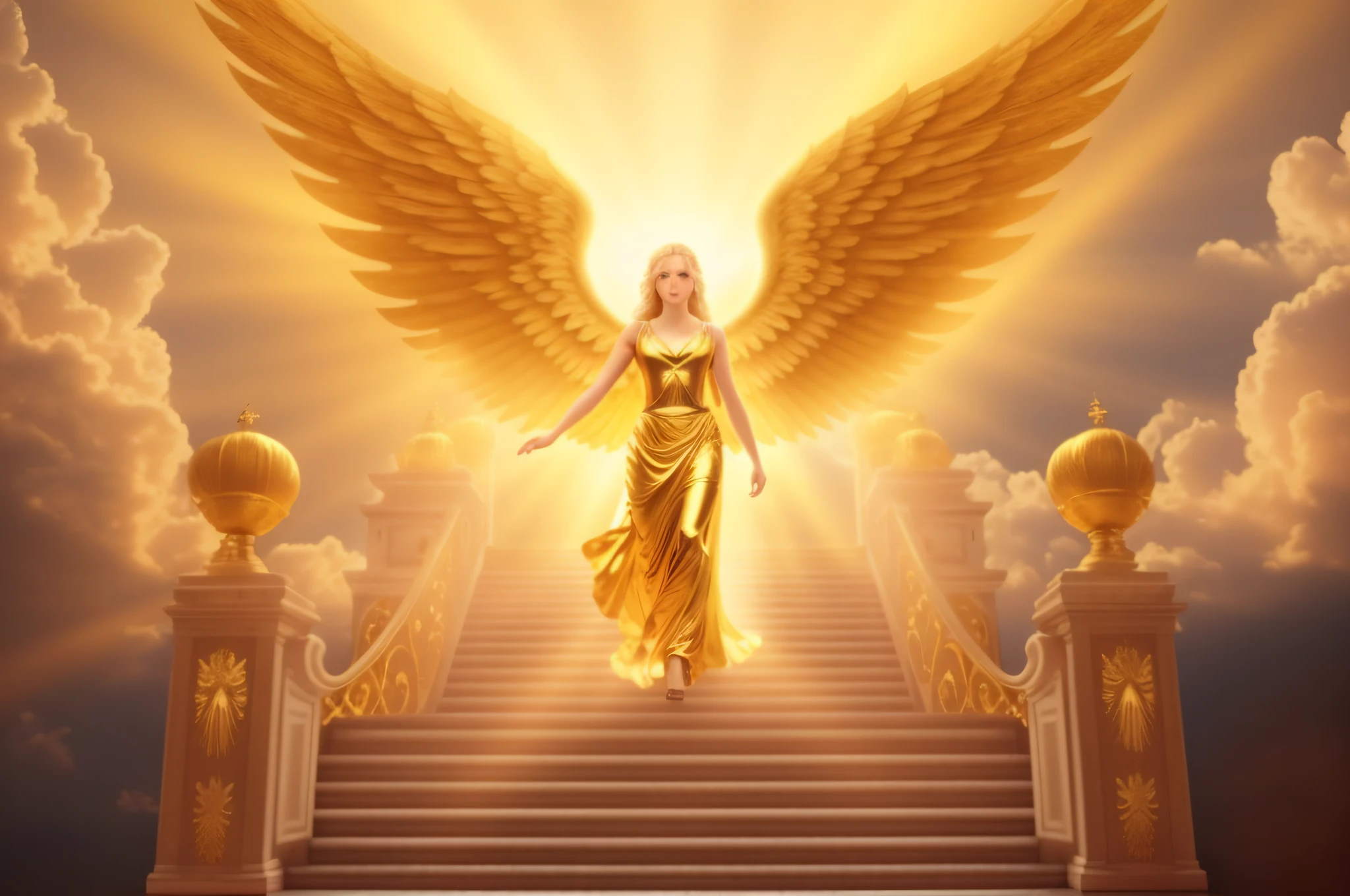 an angel is walking up a flight of stairs with a golden light, gold gates of heaven!!!!!!!!, gold wings, ethereal angelic being of light, golden wings, angel spirit guide, angelic, tall golden heavenly gates, golden goddess athena, angelic golden armor, glowing angelic being, with fiery golden wings, archangel, angel, angelic light, goddess of light