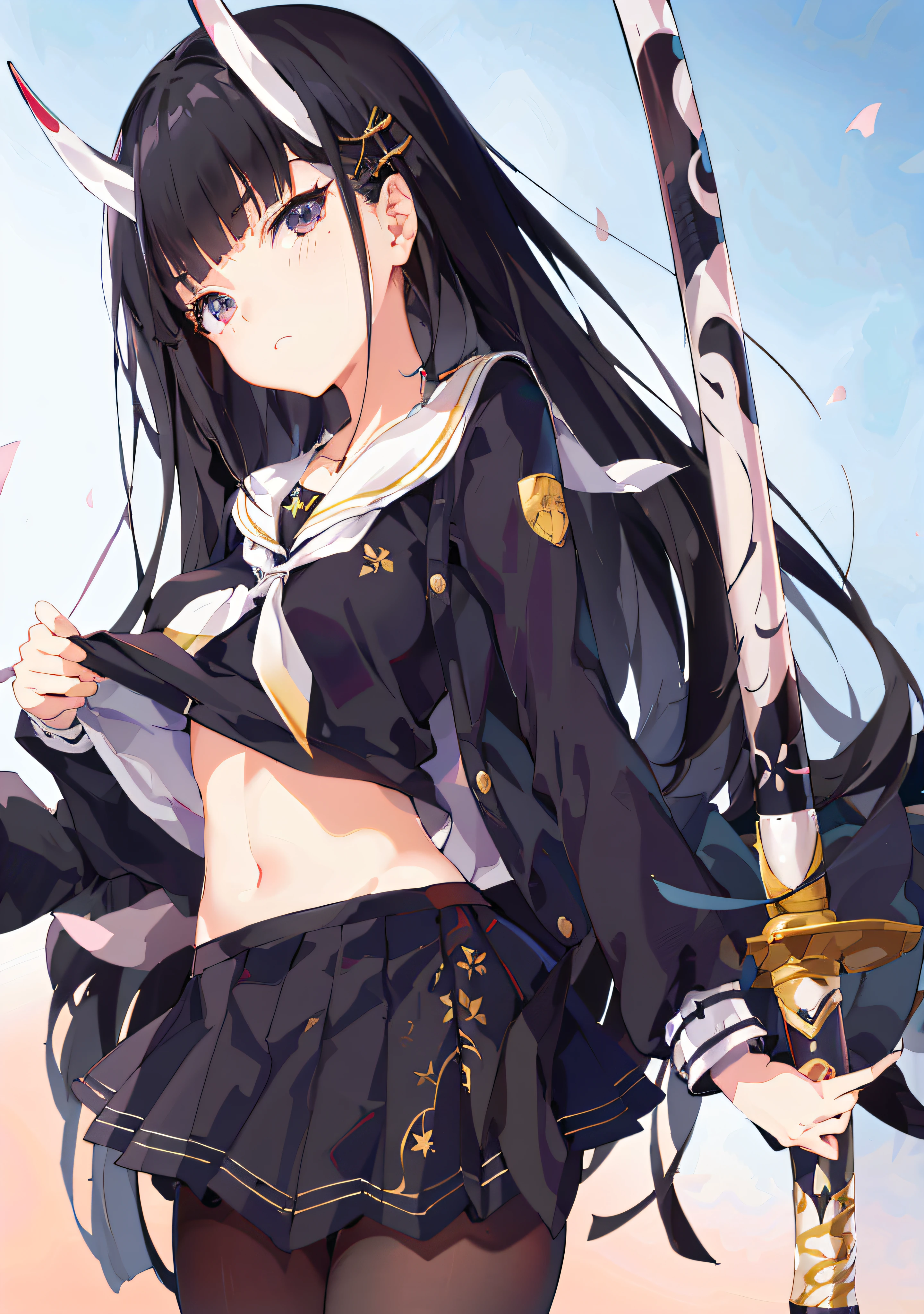 (4k konachan wallpaper, best anime, anime style, anime art wallpaper, 8K anime wallpaper), anime girl (long black hair: 1.2, sword: 1.2, wearing skirt), elegant, ambience, Kantai Collection style.