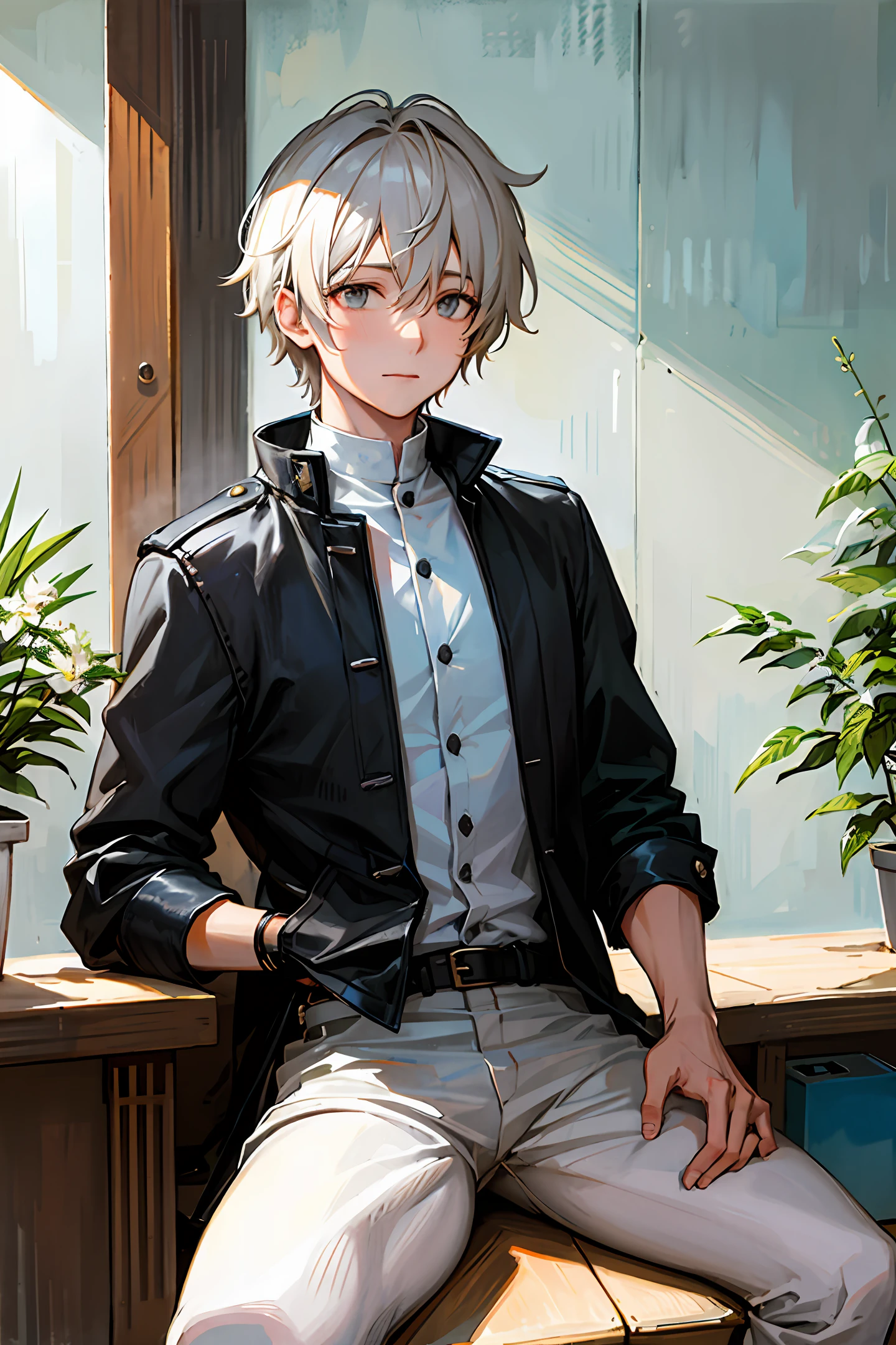 High detail, 8k, high resolution, mikey, manjiro_sano, tokyo_revengers, 1boy, solo, male focus, blonde, shirt, jacket, hands in pockets, white shirt, pants, looking away, wind, jacket over shoulder, standing Genshin Albedo