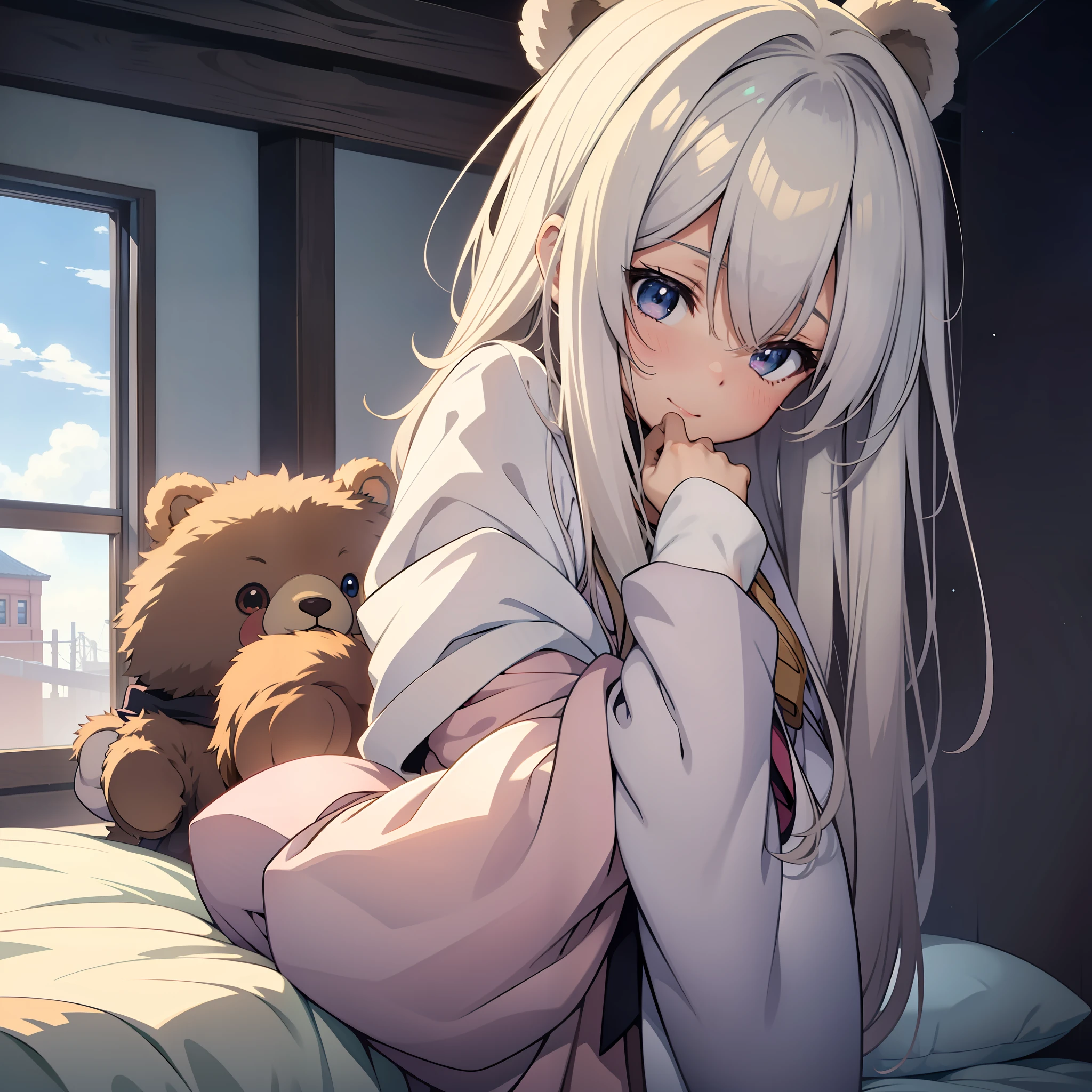 Anime girl sitting on bed, holding a bear, a cute anime girl, anime vision of cute girl, little curve , (anime girl), cute kawaii girl, young anime girl, cute anime girl portrait, anime girl, anime lover, beautiful anime girl, cute anime style