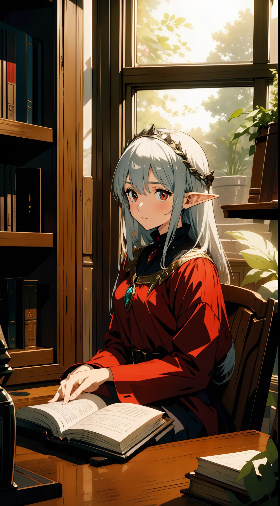Close up portrait of one girl, elf, silver hair, red eyes, fantasy style costume, library, reading a book, sitting in front of desk, concept art, official art