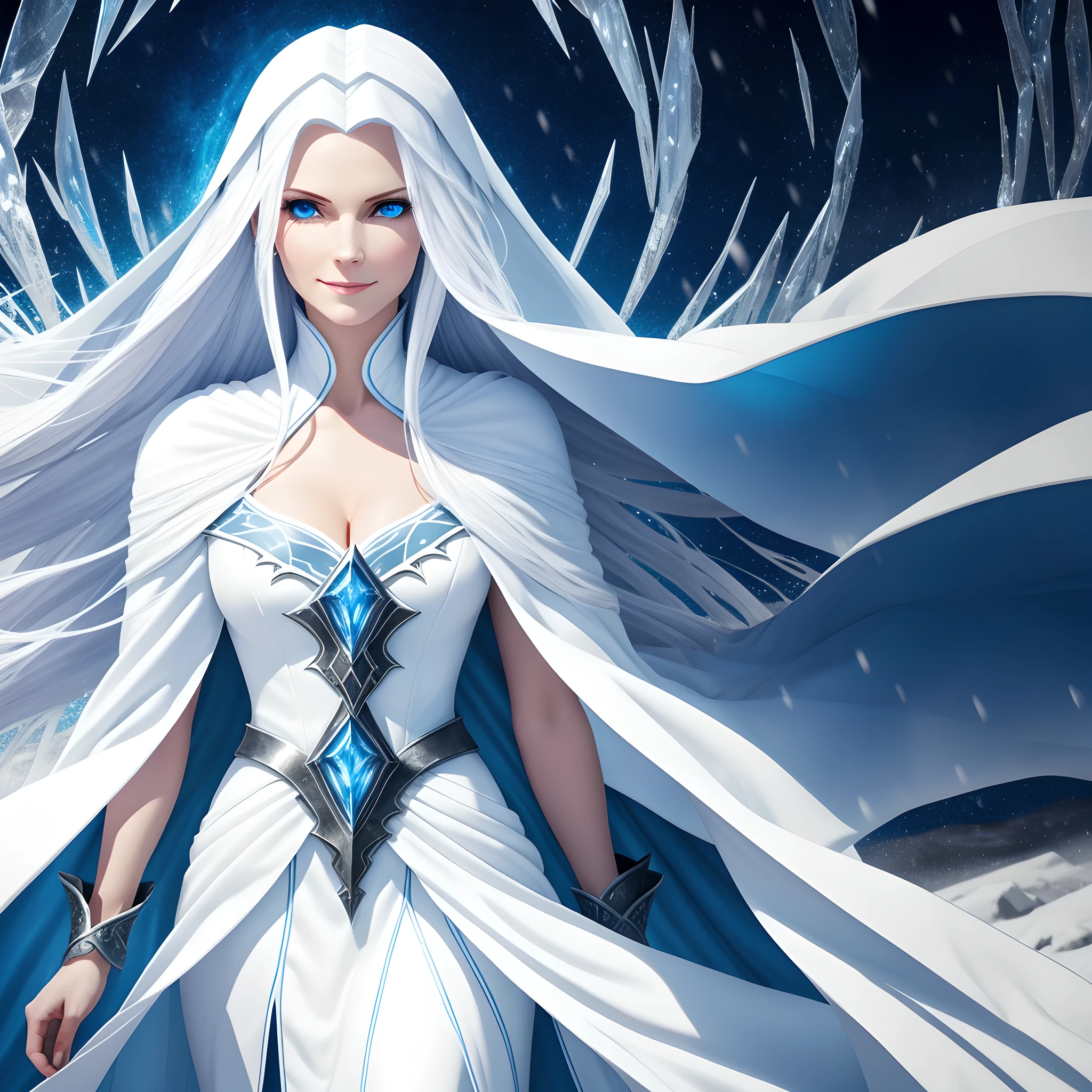 Mighty ice magic, white dress, white robe, long white hair, blue eyes, cunning smile, woman, Liliana Vess, ice, frost, cold, blizzard, blizzard, wind, gusts of wind