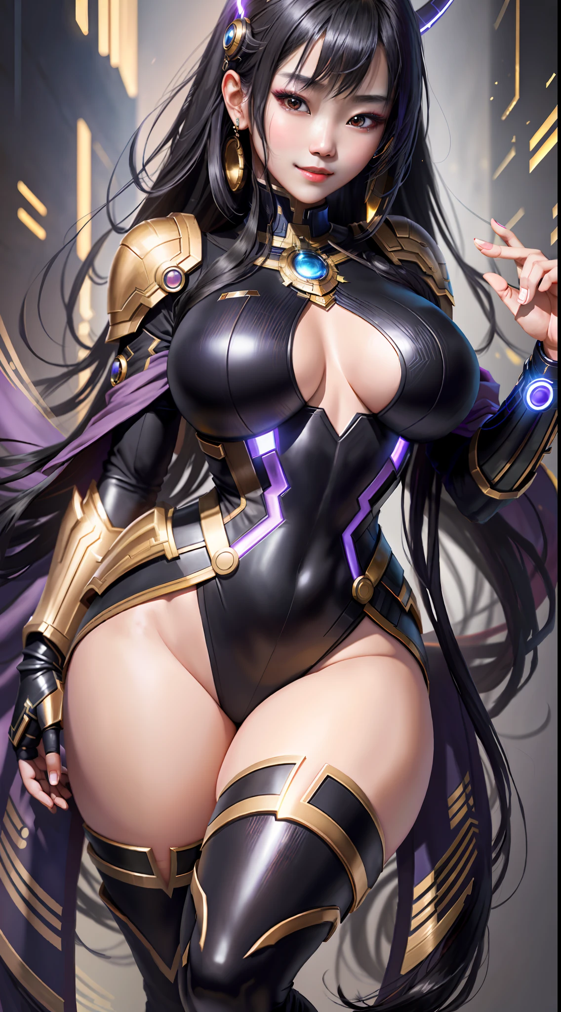 masterpiece, maximum quality, ultra high resolution, 8k, korean girl (extremely beautiful), black hair with lights, full body, very thin, detailed face, detailed eyes, mischievous smile, wide hips, thick thighs, smooth and soft pellet, with Thanos' clothes, infinity gauntlet