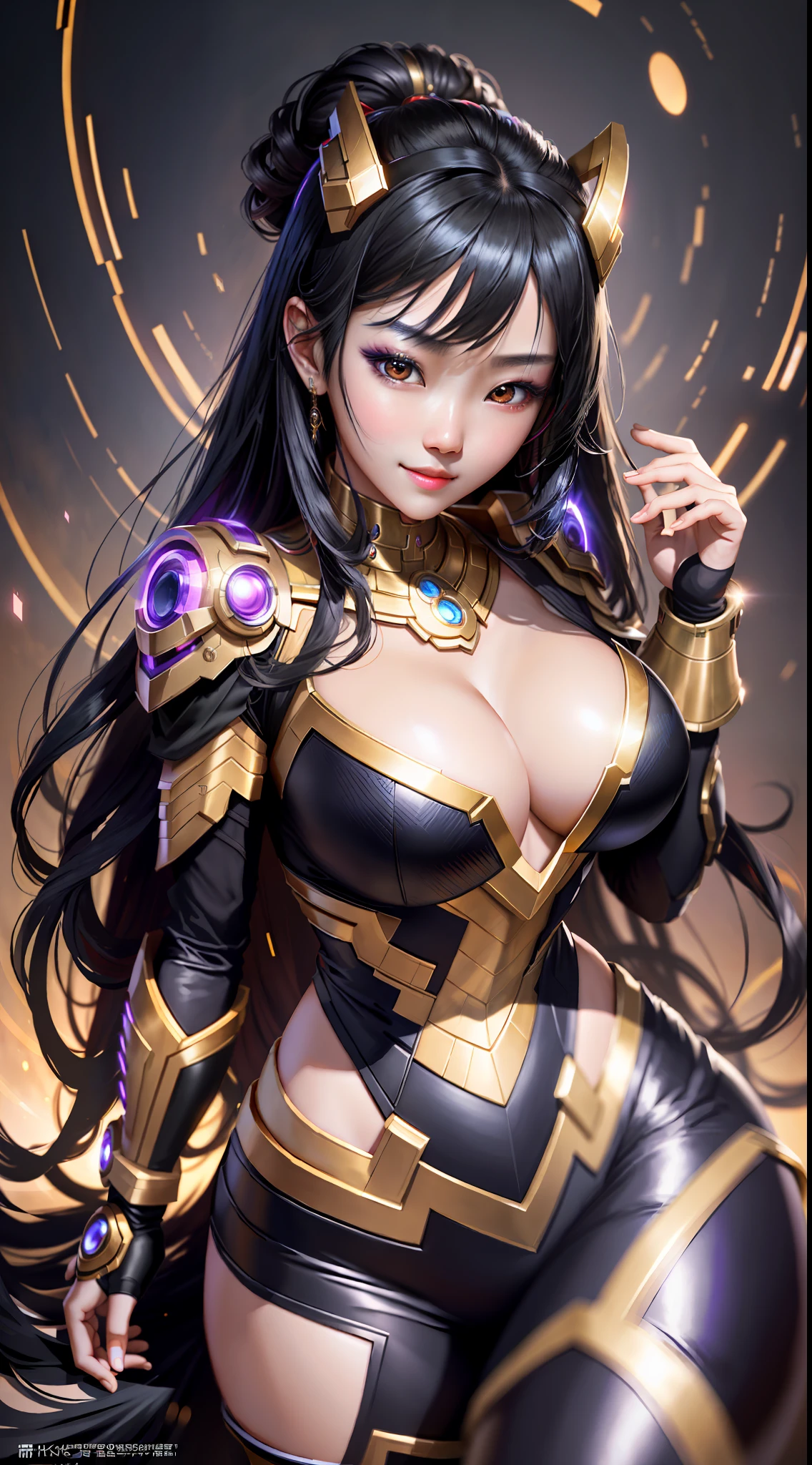 masterpiece, maximum quality, ultra high resolution, 8k, korean girl (extremely beautiful), black hair with lights, full body, very thin, detailed face, detailed eyes, mischievous smile, wide hips, thick thighs, smooth and soft pellet, with Thanos' clothes, infinity gauntlet
