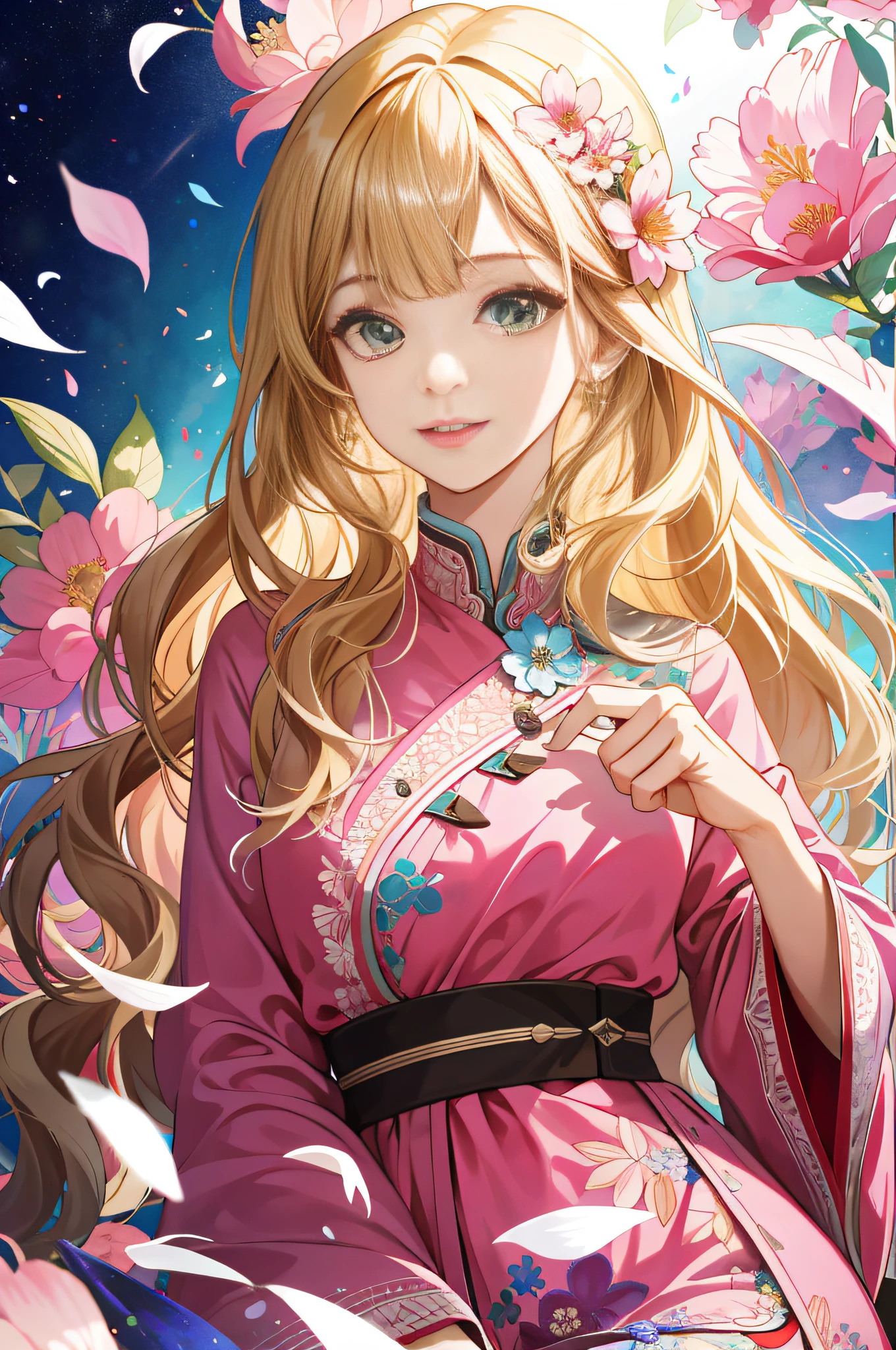 (absurdres, highres, ultra detailed), 1girl, mature female, wavy blonde hair, long hair, blunt bangs, green eyes, pink dress, finely detailed eyes and detailed face, extremely detailed CG unity 8k wallpaper, intricate details, BREAK , kaleidoscopic imagery, symmetrical patterns, vibrant colors, geometric shapes, mesmerizing designs, optical illusions, dynamic composition BREAK , pantomime art, expressive body language, silent storytelling, evocative gestures, visual narratives, theatrical performances BREAK , blooming flowers, colorful petals, fragrant scents, nature's bounty, vibrant gardens, peaceful scenery