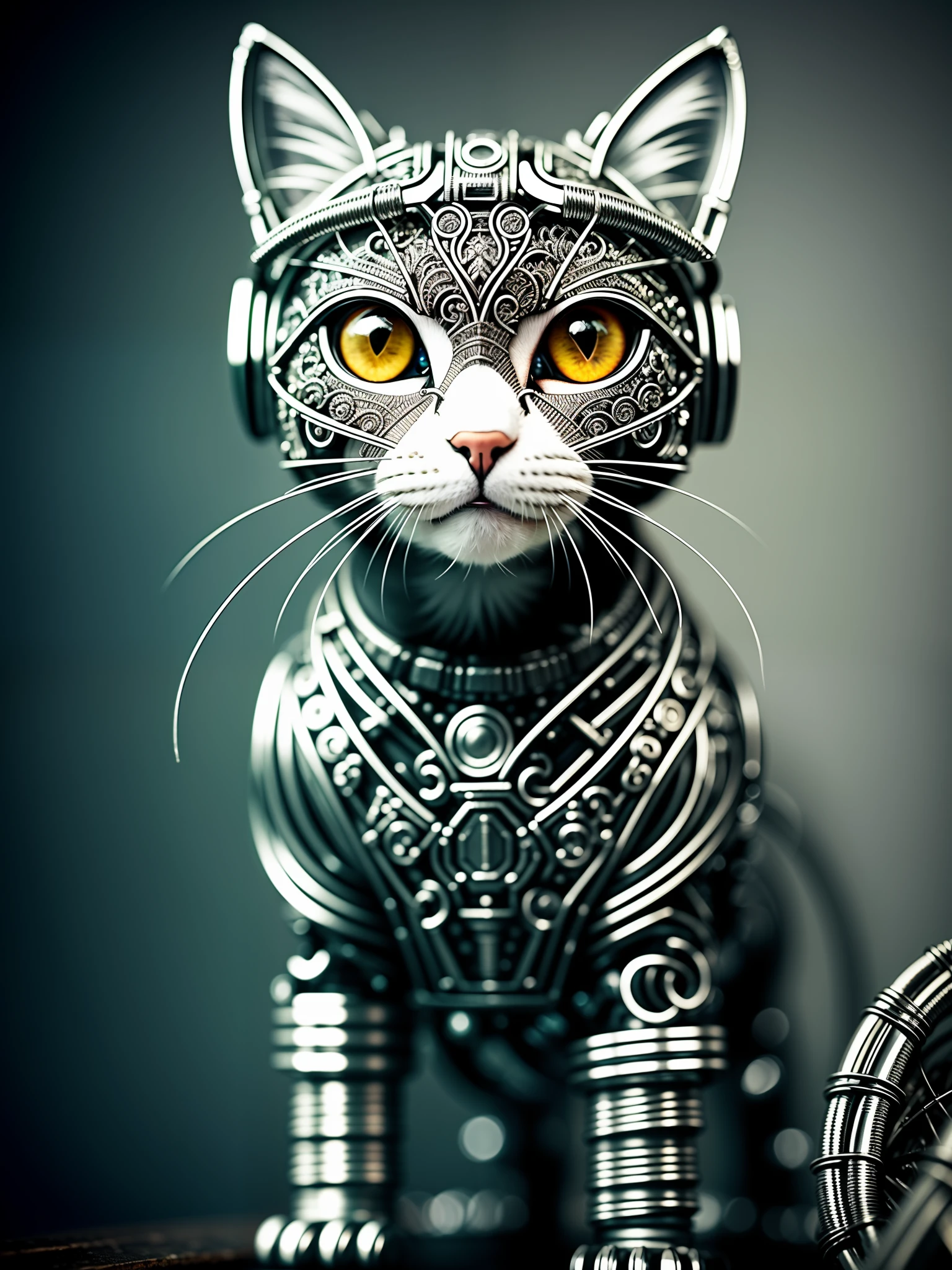 a cute kitten made out of metal, (cyborg:1.1), ([tail | detailed wire]:1.3), (intricate details), hdr, (intricate details, hyperdetailed:1.2), cinematic shot, vignette, centered
