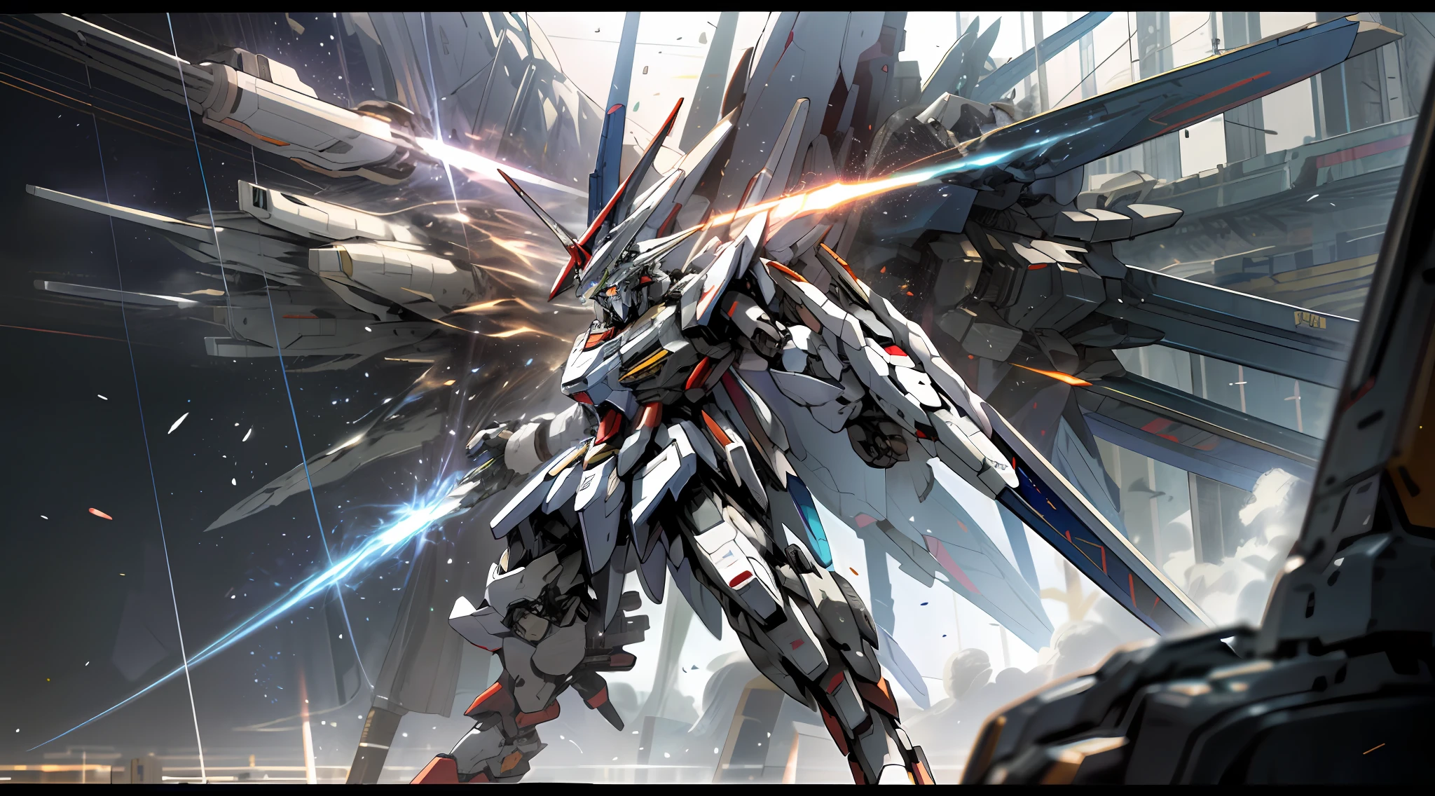 Surrealism, ray tracing, UHD, high details, 8k, best quality, textured skin, (1 Gundam mech), mecha dragon, masterpiece, best quality, mecha, unmanned, (full body), (white mech: 1.5), (axisymmetry: 1.4), (HDR), (movie light: 1.1), white eyes, cool, science fiction, fire, laser cannon beam, war, conflict, (a spaceship behind gundam mecha in background) , (holding huge weapons: 1.5), holding oversized shields, mecha men, vector