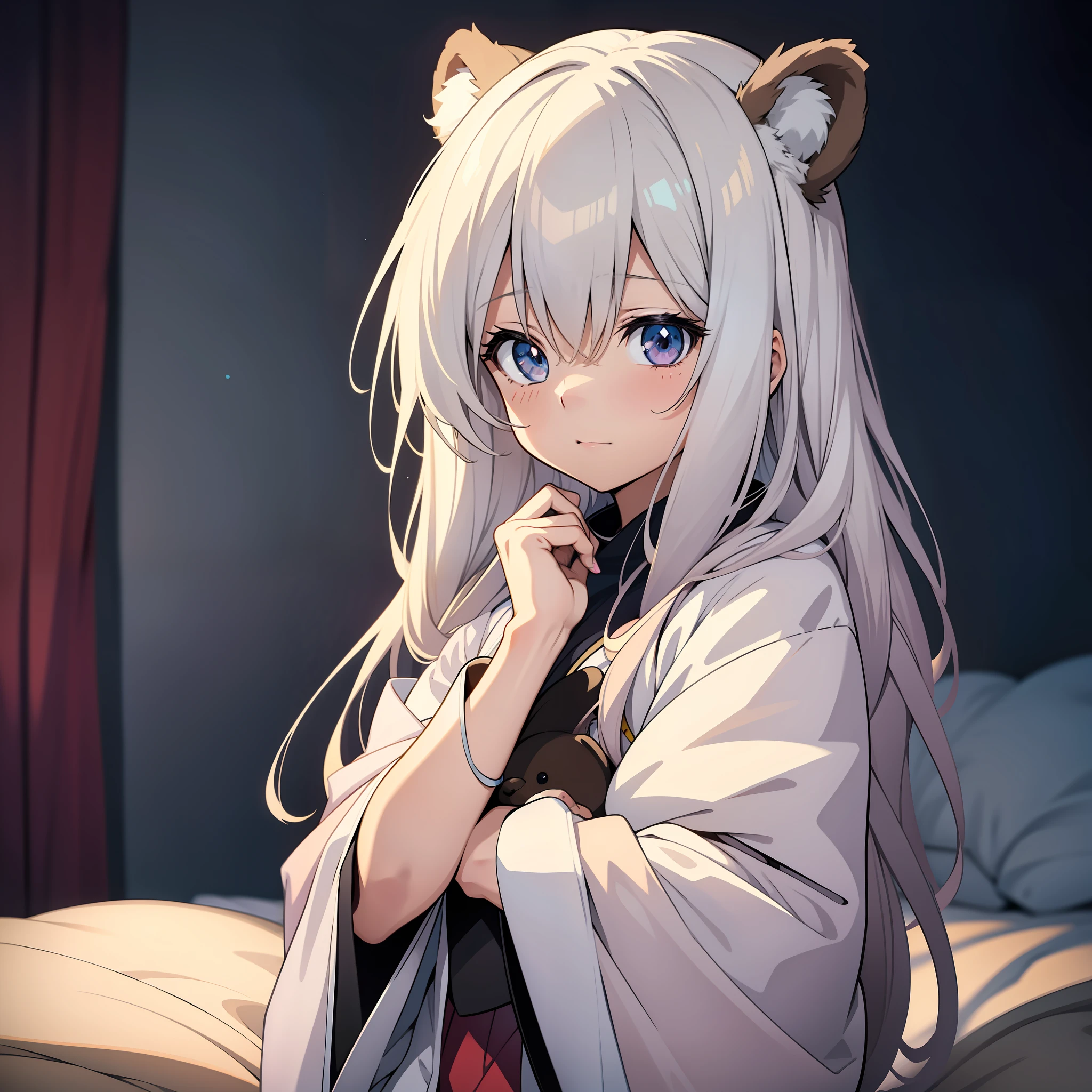 Anime girl sitting on bed, holding a bear, a cute anime girl, anime vision of cute girl, little curve loli, (anime girl), cute kawaii girl, young anime girl, cute anime girl portrait, anime girl, anime lover, beautiful anime girl, cute anime style