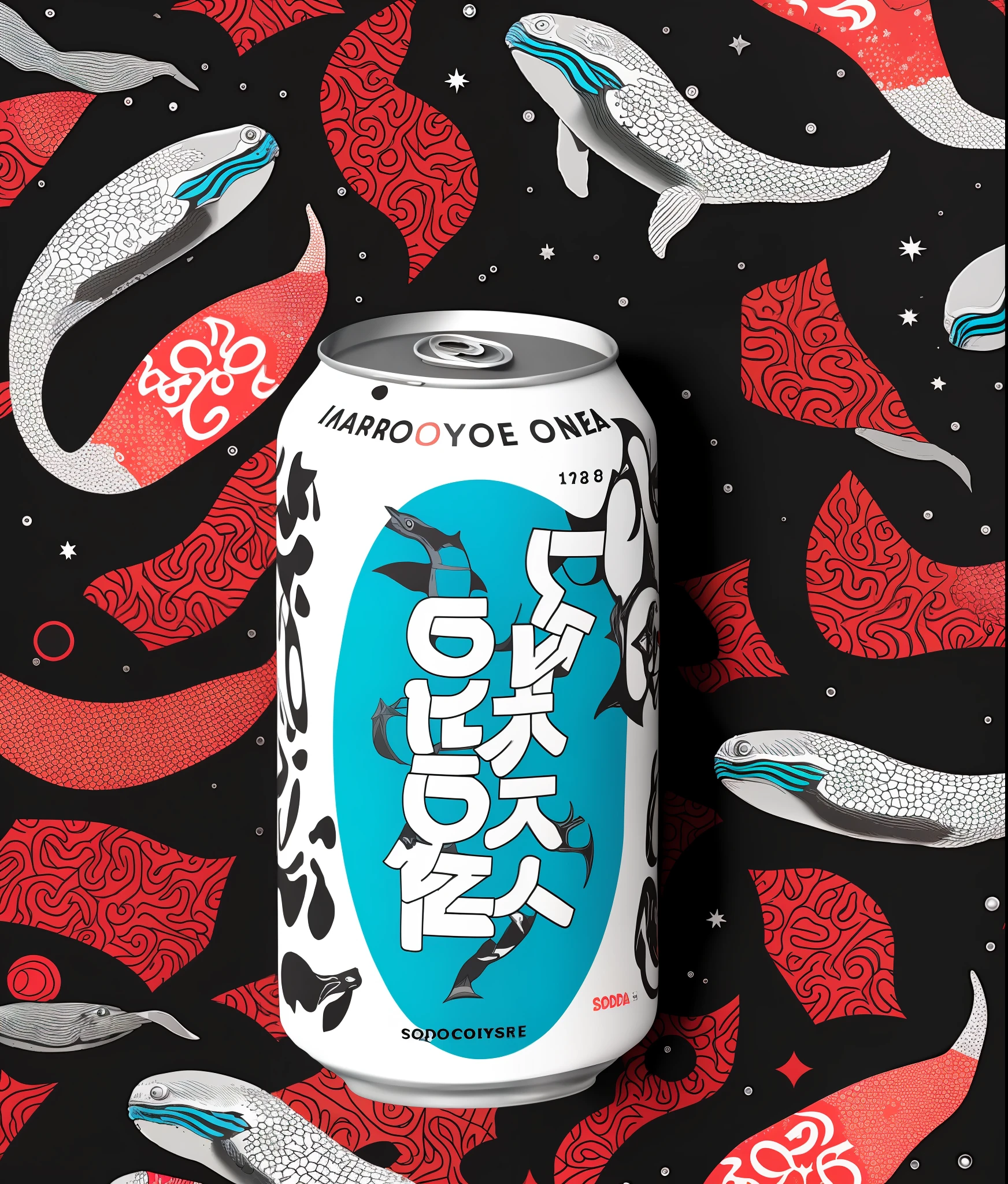 mockup of (soda can with Japanese punk rock design beautifully illustrated with whales drawn:1.2) with a black background, Android Jones, afrofuturism, macrophotography render hyper realistic octane, hard surface modeling, 8k, clean, sharp focus, CGSociety