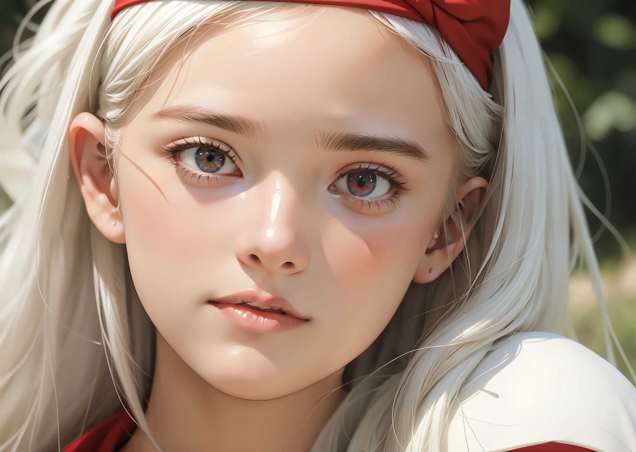 masterpiece, best quality, ultra-detailed, solo, 1girl, portrait, realistic, real, 4k, 1girl, purah, white hair, red headband, hair ornament, detailed face, hair sticks, realistic, small lips, button nose, soft face, round face, brown red eyes, red glasses, white jacket, sleeveless white shirt, cleavage, lightly blurry, film portrait photography, 35mm film, filmg