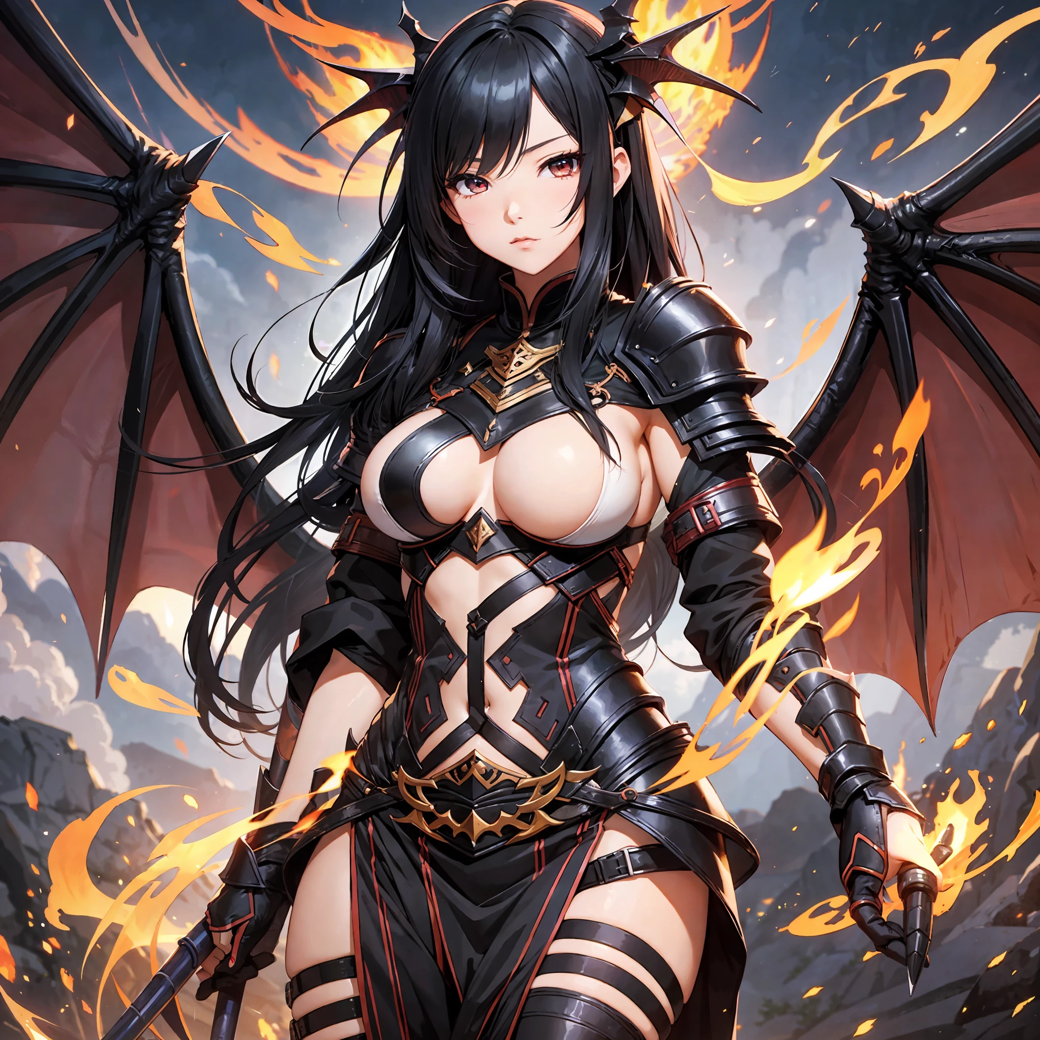 Closet up sexy and seductive Japanese woman with black hair, large breasts set body wearing Dragon armor with black sword with anime style fire element) (anime art style, high quality picture --auto --s2
