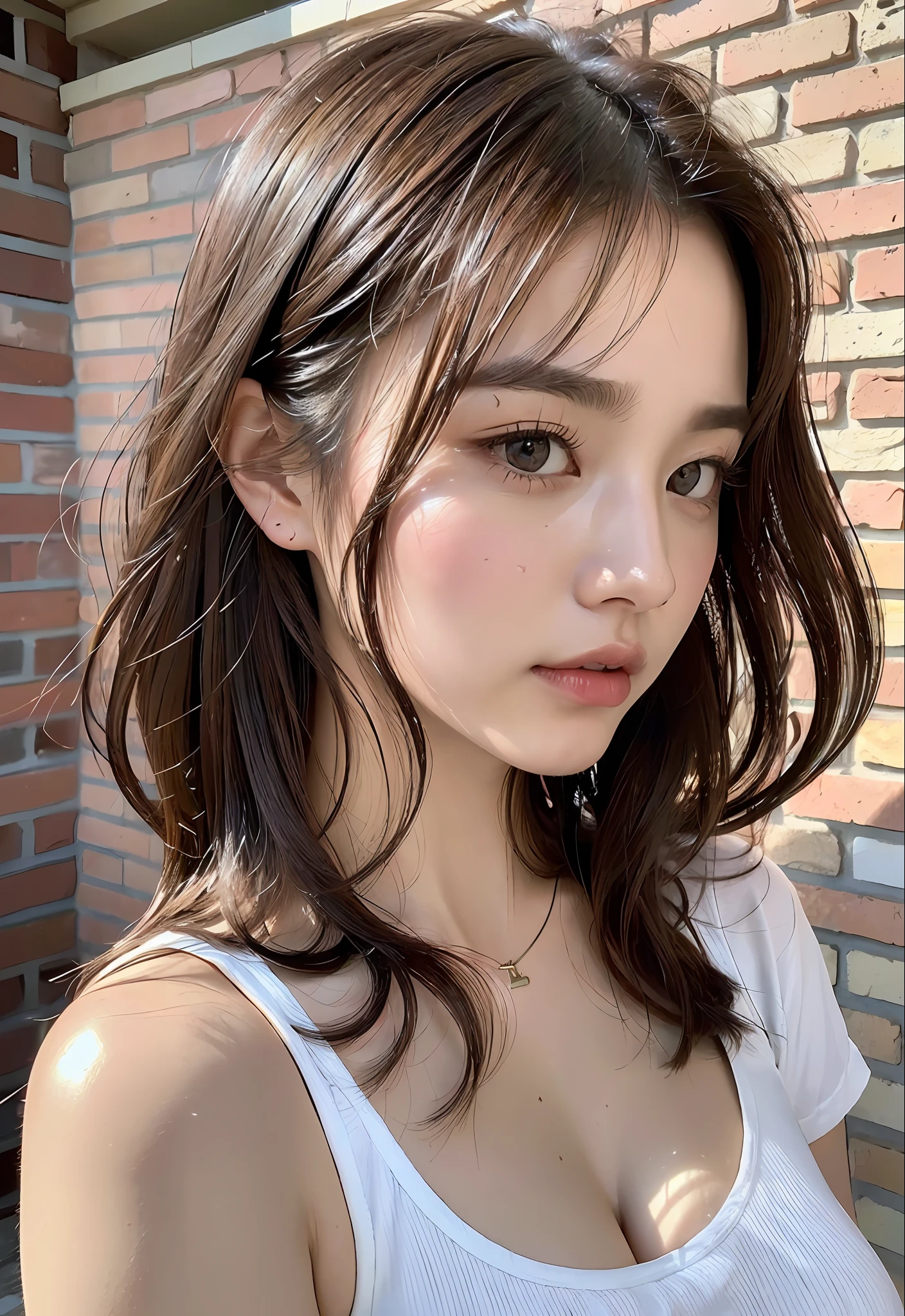 ((highest quality, 8k, masterpiece: 1.3)), women (wearing white t-shirt, full body portrait, (slouch: 1.3), squatting, (from top: 1.2), (close-up: 1.4), subjective, loose T-shirt, big breasts, (beautiful nipple slip: 0.9), inside_sauna: 1.3), background is brick wall, drenched body, wet T-shirt, Overhead camera, sharp focus: 1.2, cute woman: 1.4, (((brown-haired, short bob)), very detailed face and skin and hair texture, wet texture hair, wet body, wet hair, shiny skin, detailed eyes, double eyelids, beautiful delicate nose, cute young Japan woman, 27 years old, dynamic angle, It is a composition pleasing to the eye and thought-provoking while emphasizing the subject's hair, eyes, mouth and action, while exuding sensual emotions characterized by a contrasting mix of muted tones and light and shadow.