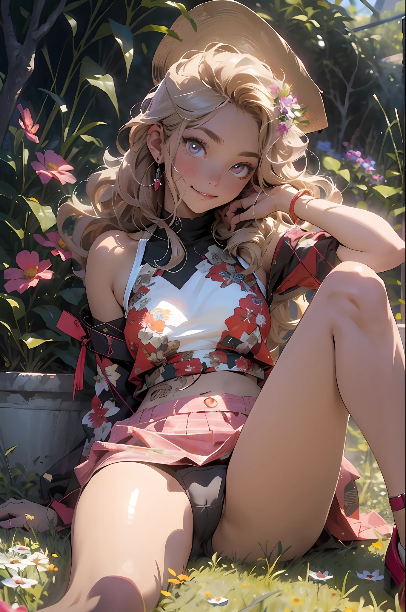 melancholy lighting, quiet, calm, brightness, masterpiece, best quality, 1girl, (JinxLol:1.2), (ultra photorealistic:1.3), (masterpiece:1.4), best quality, ((realistic)), high quality, ultra detailed, ((Real image)), ((realistic skin)), ((realistic face)),(illustration:1.05), (beautiful:1.05), (beautiful detailed eyes:1.05), (cinematic light:1.1), Full body, precise proportions, 18-year-old girl, skinny model lying on the grass, surrounding garden, tree shadow, hair CHERRY RED fluttering in the wind, tulle, long legs, feet slightly open, buttocks, blush, shyness, collarbone, abdominals, double weave, beautiful and delicate face, fair skin, real skin, (face detail), pores, super high resolution, 8k, parameters Best quality, masterpiece, super high resolution, (Realistic 2.0), More details, detailed skin, TRANSPARENT RED PANTIES, wide smile, white teeth, curly hair CHERRY RED voluminous, perfect and well designed eyes, girlfriend, beautiful, beautiful, flowers, studio lighting
